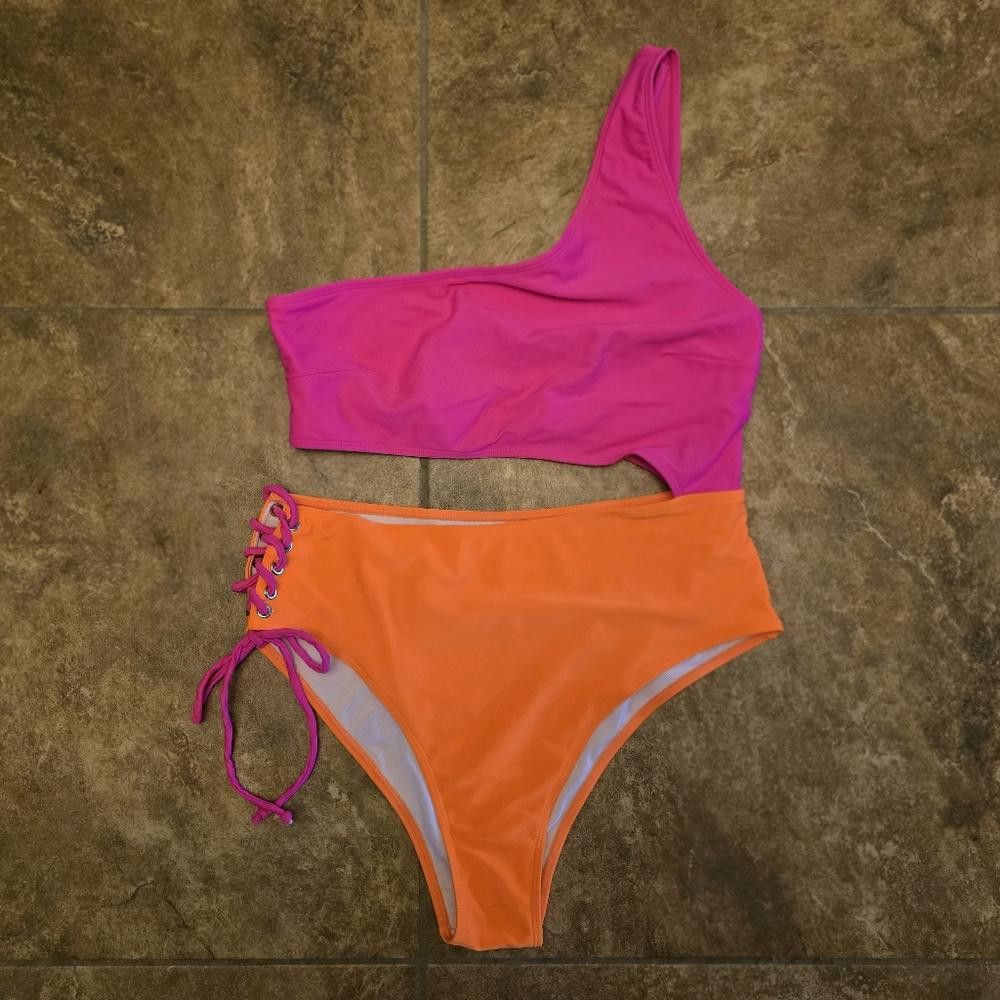 Shein Pink Orange Neon SHEIN Monokini Size ONE SIZE - 3 Thumbnail