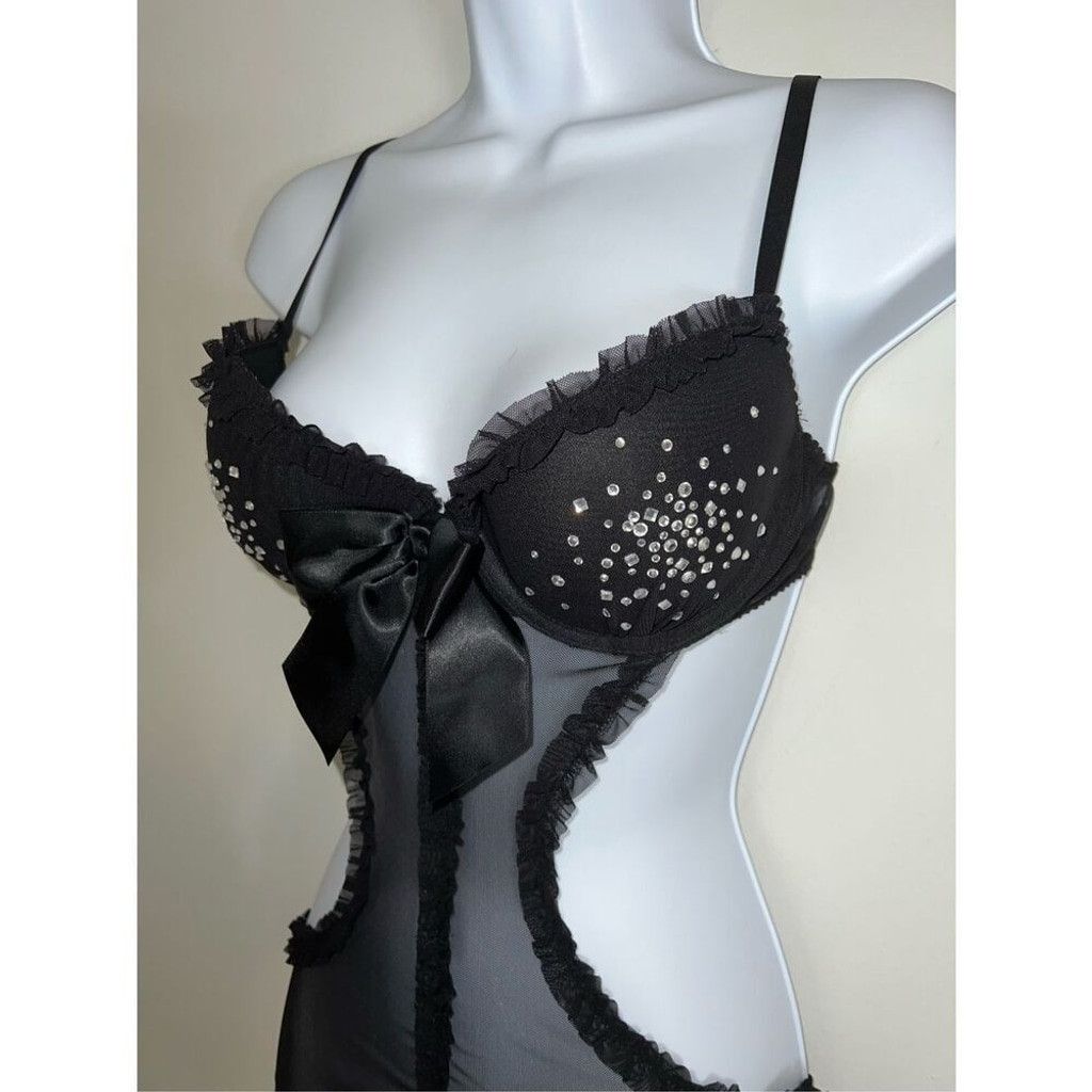 Victoria's Secret Victorias Secret Black w/ Rhinestones 34C Babydoll Gown Size ONE SIZE - 3 Thumbnail