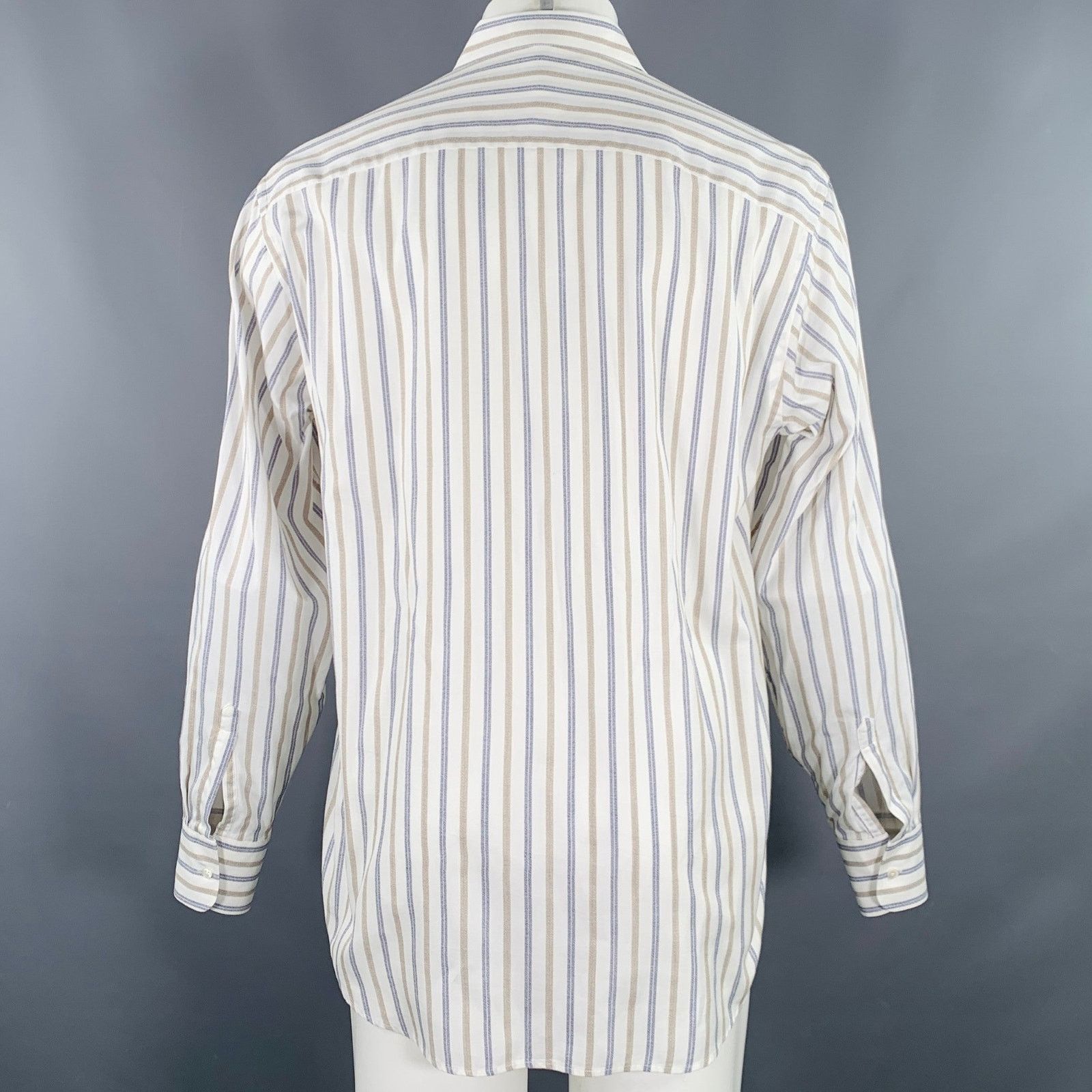 Giorgio Armani Off White Blue Tan Stripe One Pocket Long Sleeve Shirt Size US M / EU 48-50 / 2 - 4 Thumbnail