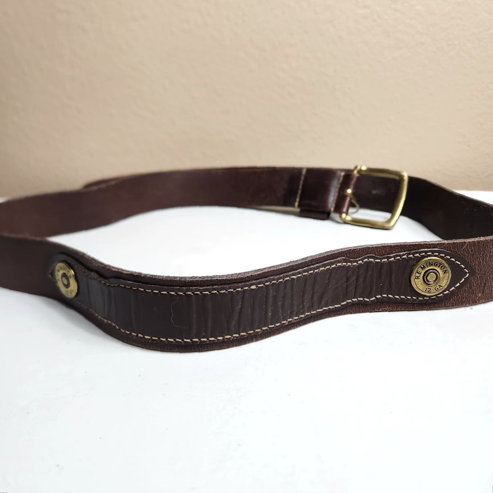 Vintage VINTAGE Remington Belt Mens Leather Brown 12 GA Western Buckle Adjustable 50 52 3X Brass Hardware Size ONE SIZE - 6 Thumbnail