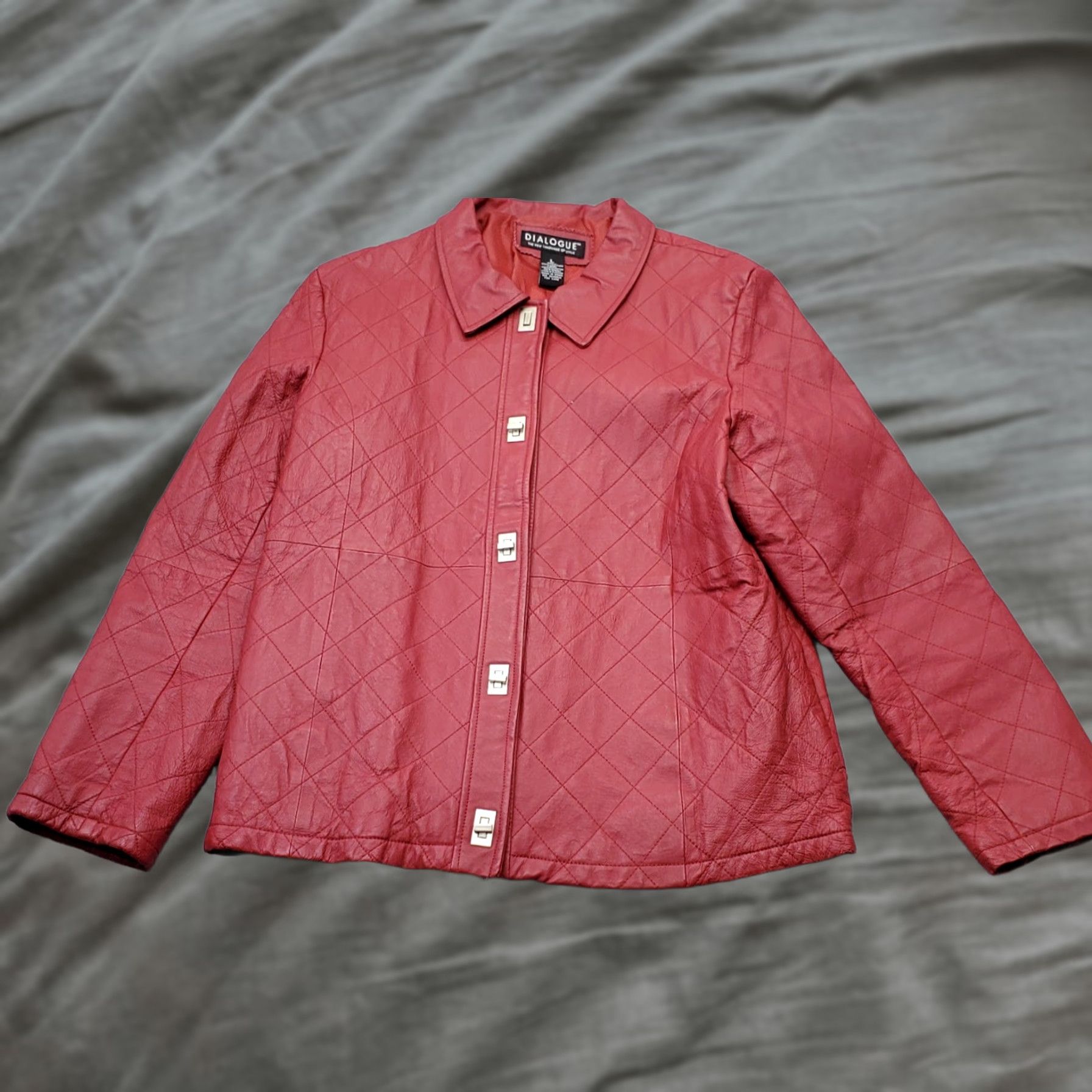 Vintage Dialogue Leather Jacket Women Large Red Diamond Stitch Collared Turn Lock Button Jacket Size L / US 10 / IT 46 - 1 Thumbnail