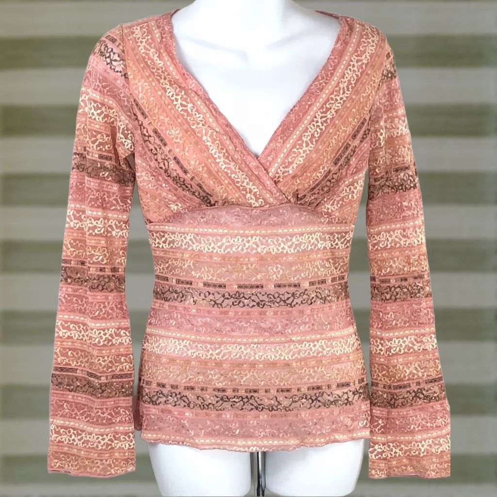 Vintage VINTAGE Paper Doll Lace Crochet Top S Pink Mock Wrap Empire Fairy Romantic Blouse Women's S Pink Bohemian Coquette Elegant 90s Theme - Mens? Size S / US 4 / IT 40 - 1 Thumbnail