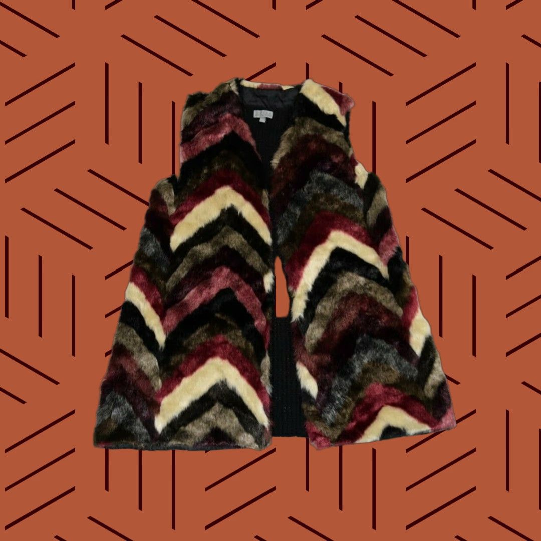 Vintage JOSEPH A WOMENS VEST SZ L OPEN FRONT FAUX FUR WINE CHEVRON LARGE SILK CARDIGAN Size L / US 10 / IT 46 - 1 Thumbnail
