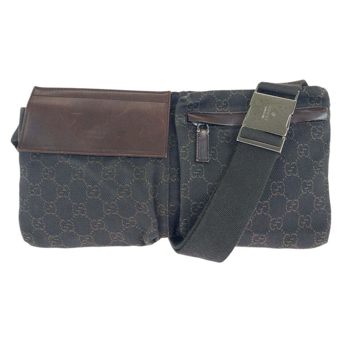 Gucci Gucci Gucci GG Canvas Leather Brown Silver Hardware Waist Bag Canvas Belt Bag 28566 in Very Good Condition Size ONE SIZE - 1 Thumbnail