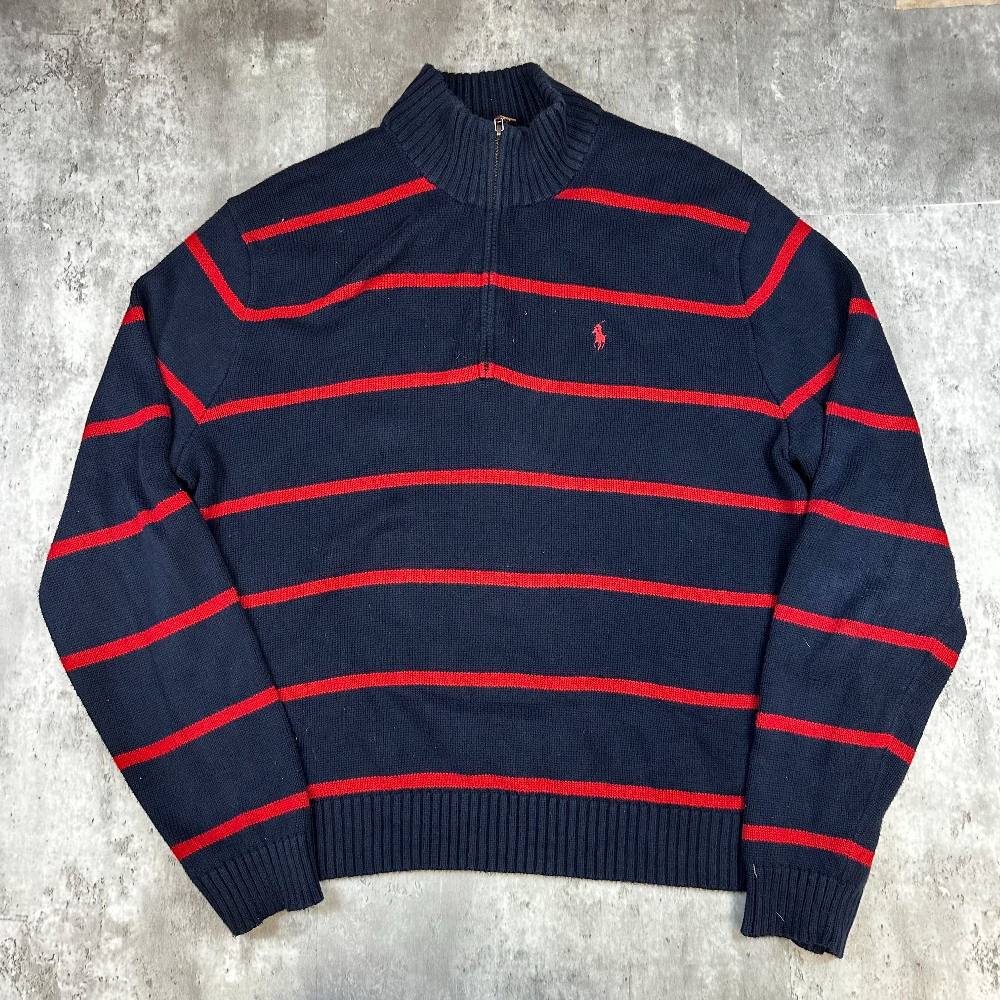 Polo Ralph Lauren Vintage Navy and Red Striped Polo Ralph Lauren Quarter-Zip S Size US XL / EU 56 / 4 - 1 Thumbnail