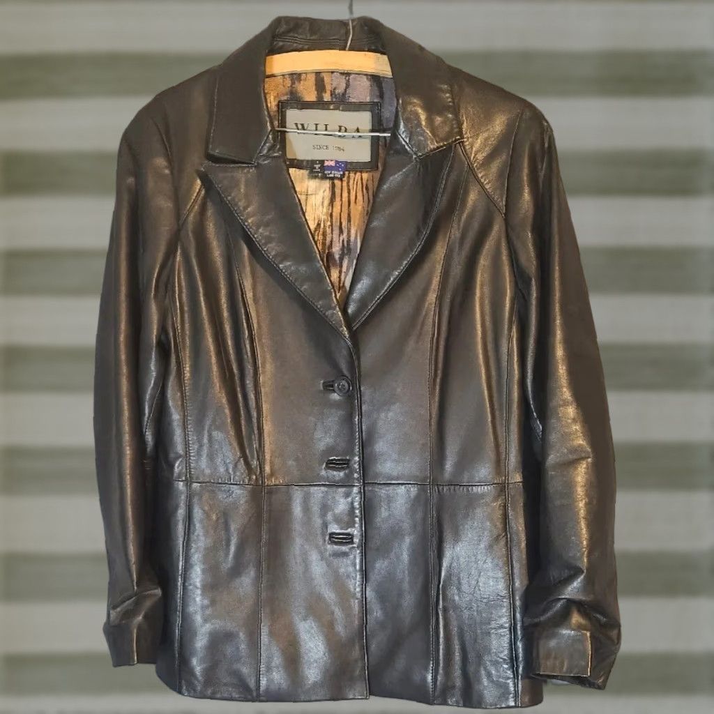 Vintage VINTAGE Wilda LAMBSKIN BLACK LEATHER COAT Jacket Plus Womens Large Zip Hooded Fur Trim Back Marked 90s Era style Size L / US 10 / IT 46 - 1 Thumbnail