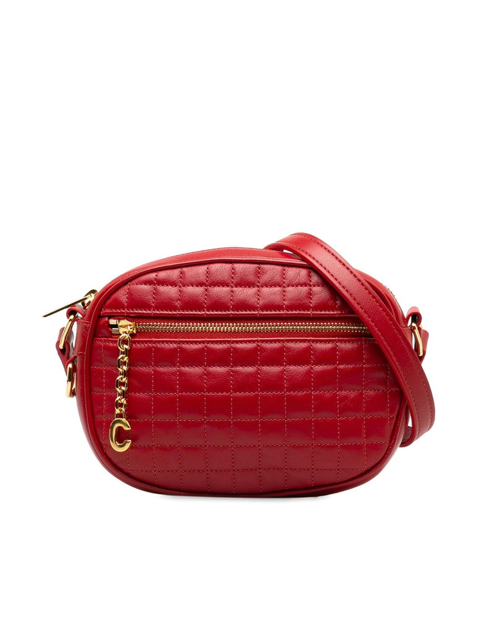 image of Celine Red Quilted Leather Crossbody Bag With C Charm Detail, Women's