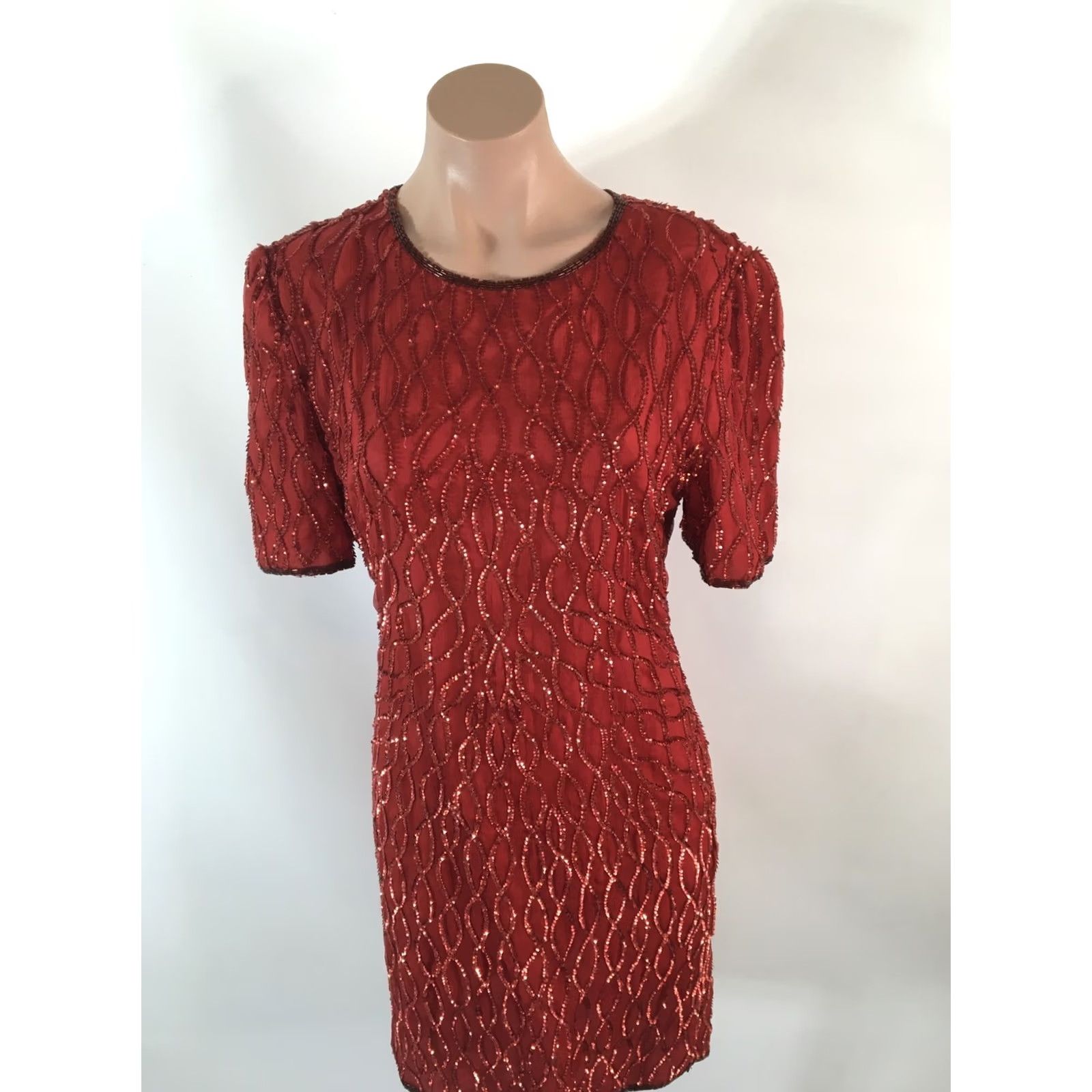 Vintage Laurence Kazar Red Sequined Silk Mini Petite Dress Beaded Trim Cocktail Party L Size L / US 10 / IT 46 - 4 Thumbnail
