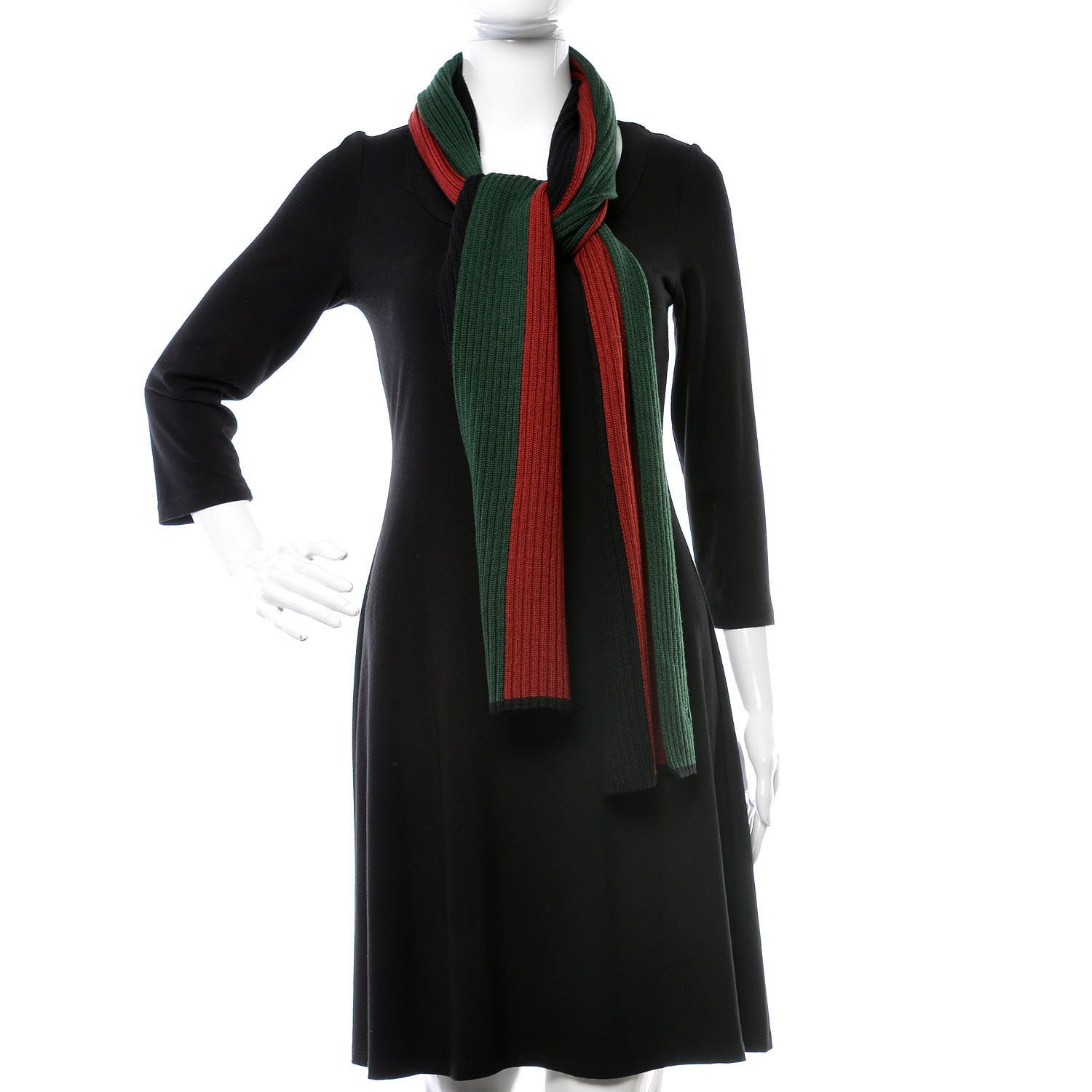 Gucci GUCCI Scarf Wool Ribbed Knit Stripe Black Red Green Logo Size ONE SIZE - 5 Thumbnail