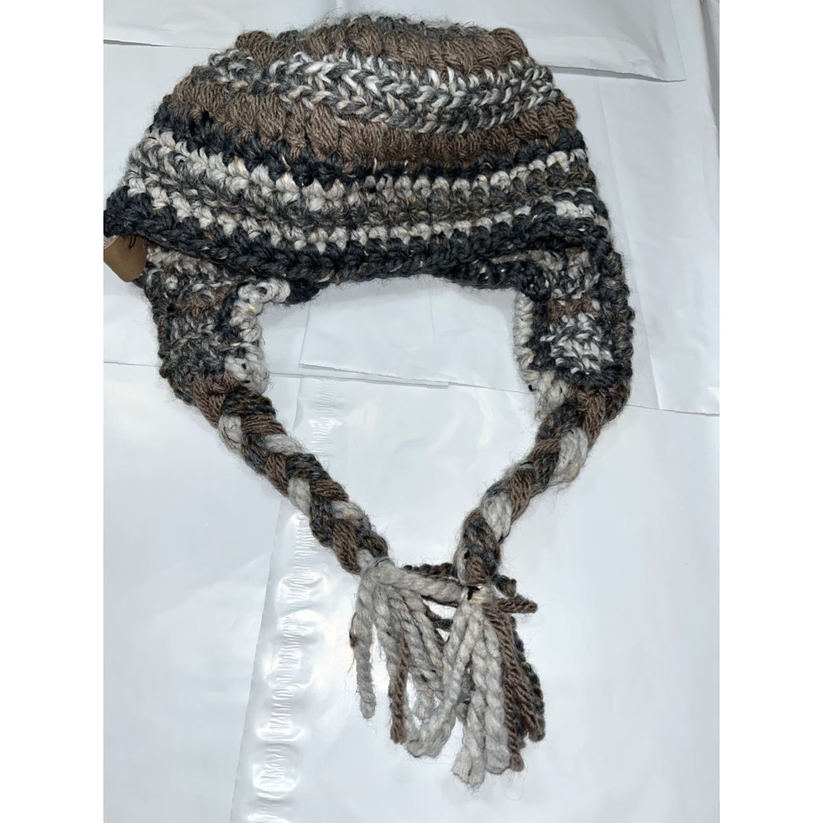 Off The Hook Off The Hook By Jen Womens Hat One Size Gray Tan White Chunky Knit Hand Made Winter Braided Hang Ties OS warm Size ONE SIZE - 2 Thumbnail