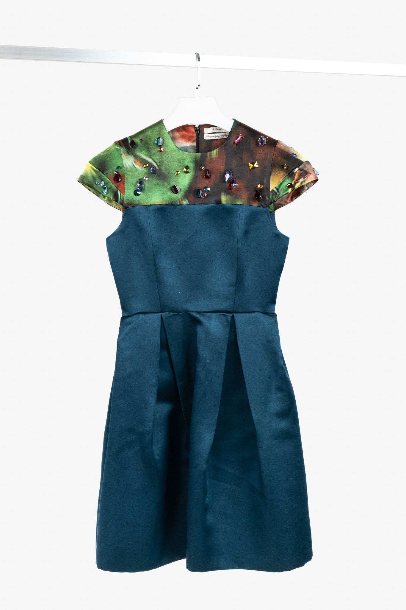 Erdem Erdem Teal Silk Satin Embellished-Yoke Pleated Dress Size S / US 4 / IT 40 - 1 Thumbnail