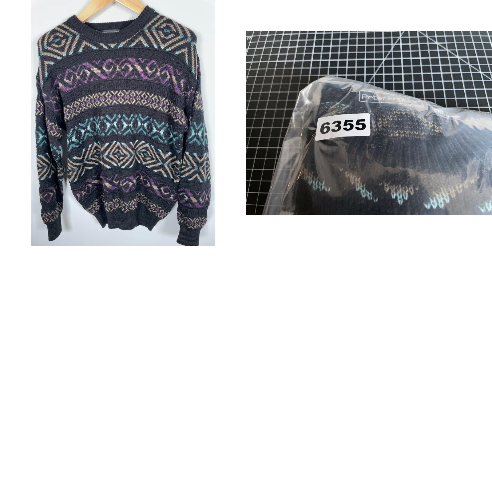Vintage VINTAGE Peter England Geometric Sweater Shirt (Men's) Large Black Purple 90s Retro Crew Neck Wool Blend Pullover Size US L / EU 52-54 / 3 - 8 Thumbnail