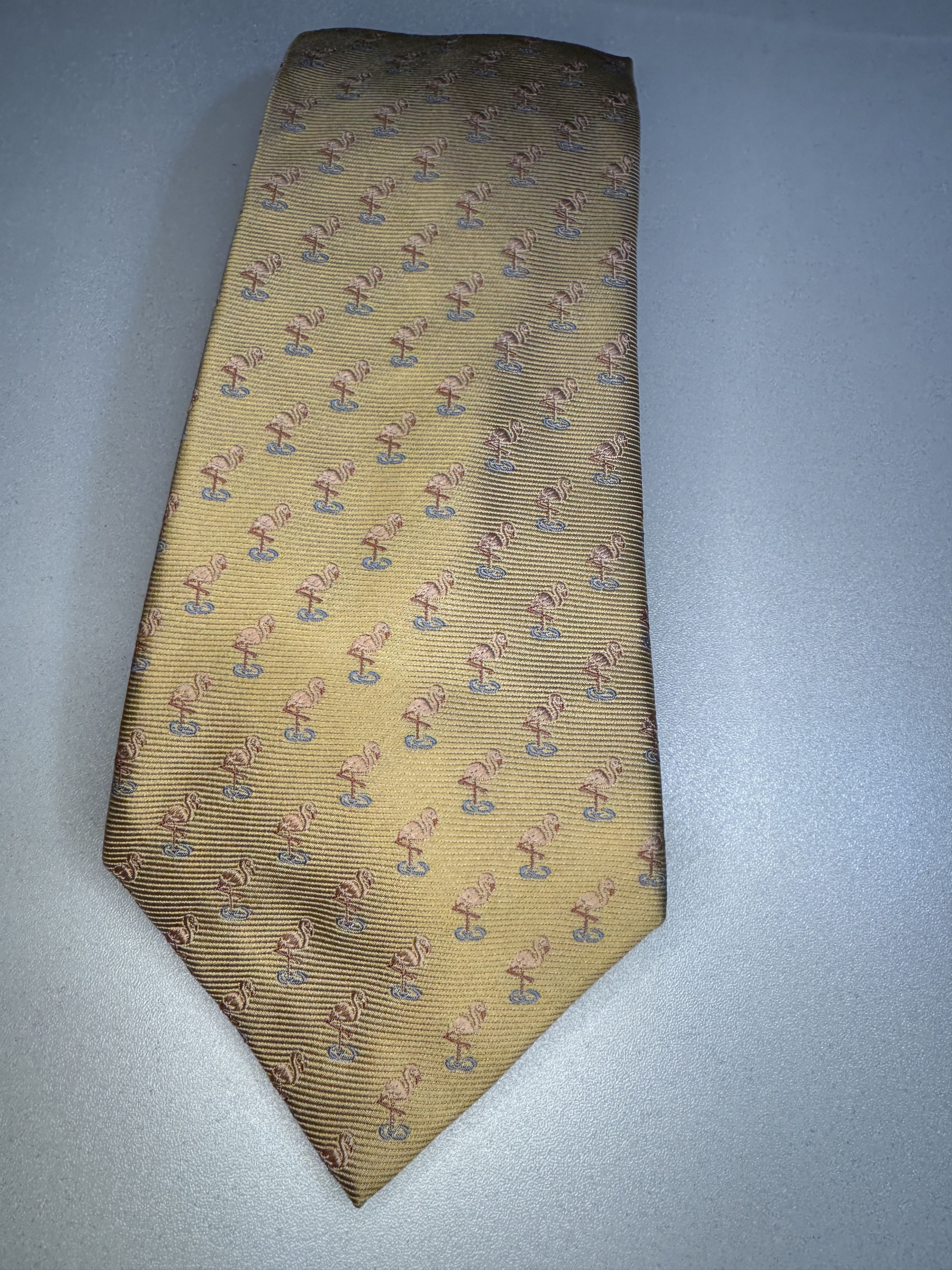 Vintage JZ Richards Boulder Silk Necktie Yellow with PINK FLAMINGOS Size ONE SIZE - 2 Thumbnail