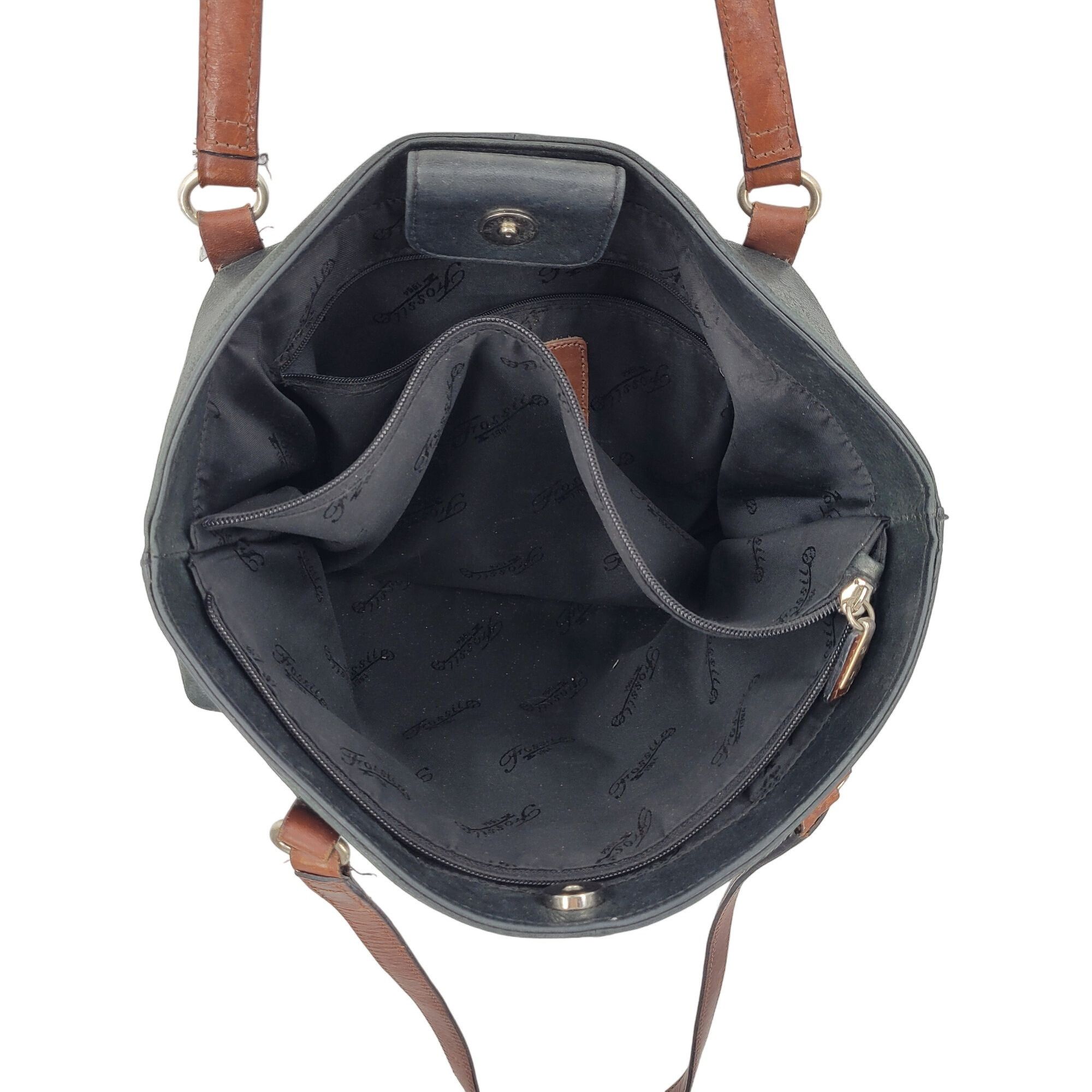 Fossil Fossil Black Genuine Leather Tote Bag Pebble Brown Embroider Size ONE SIZE - 10 Thumbnail