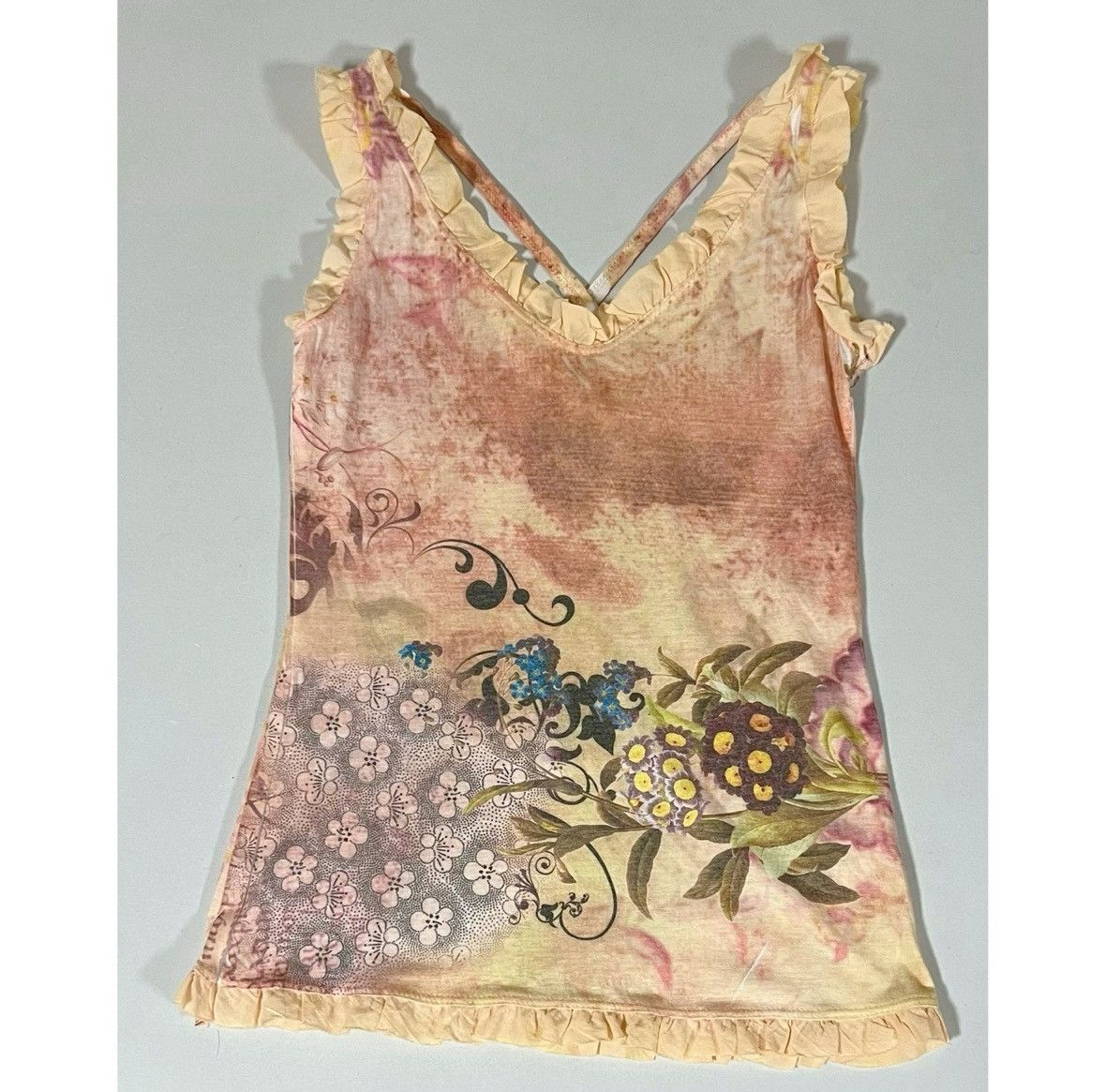 Claire Pettibone Tan Beige Floral Y2K Ruffle Tee Tank Top T-Shirt Blouse XS ✨ Size XS / US 0-2 / IT 36-38 - 2 Thumbnail