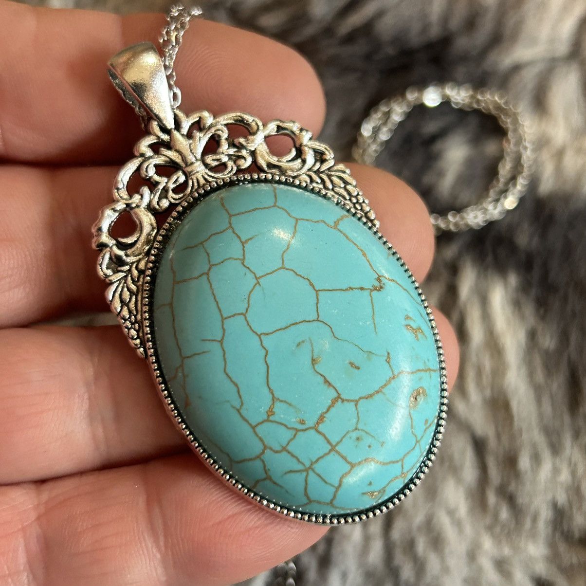 Handmade Handcrafted turquoise dyed howlite cabochon stone necklace Size ONE SIZE - 1 Thumbnail