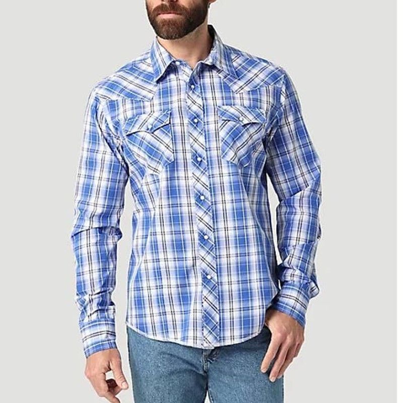 Wrangler NWOT Wrangler Western Snap Shirt Blue Plaid Check Men L Size US L / EU 52-54 / 3 - 3 Thumbnail