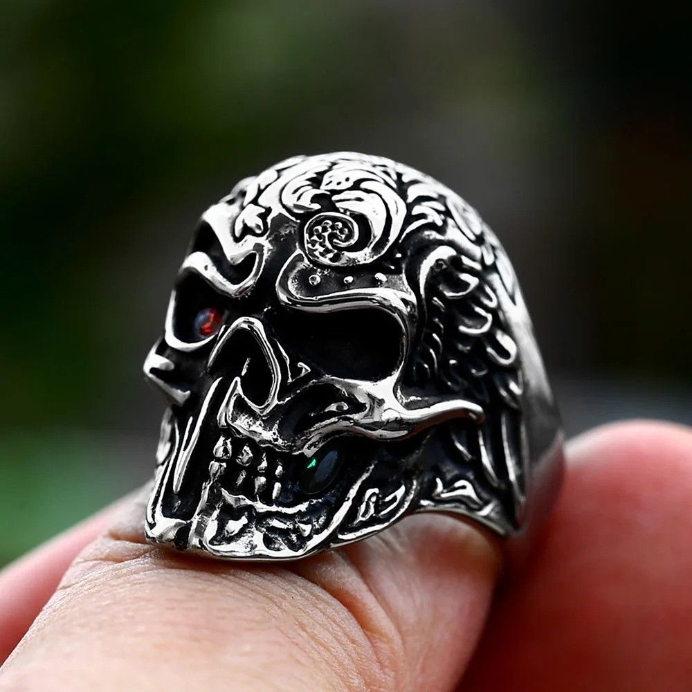 Vintage 316L Stainless Steel Skull Ring With Red Stone Size ONE SIZE - 3 Thumbnail