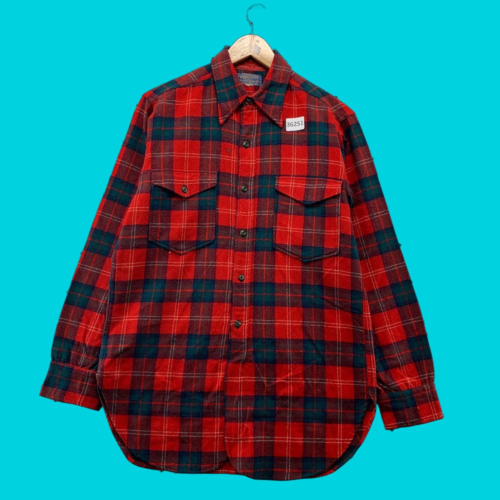 VINTAGE Pendleton Wool Button Shirt Men Large Red Plaid Long
