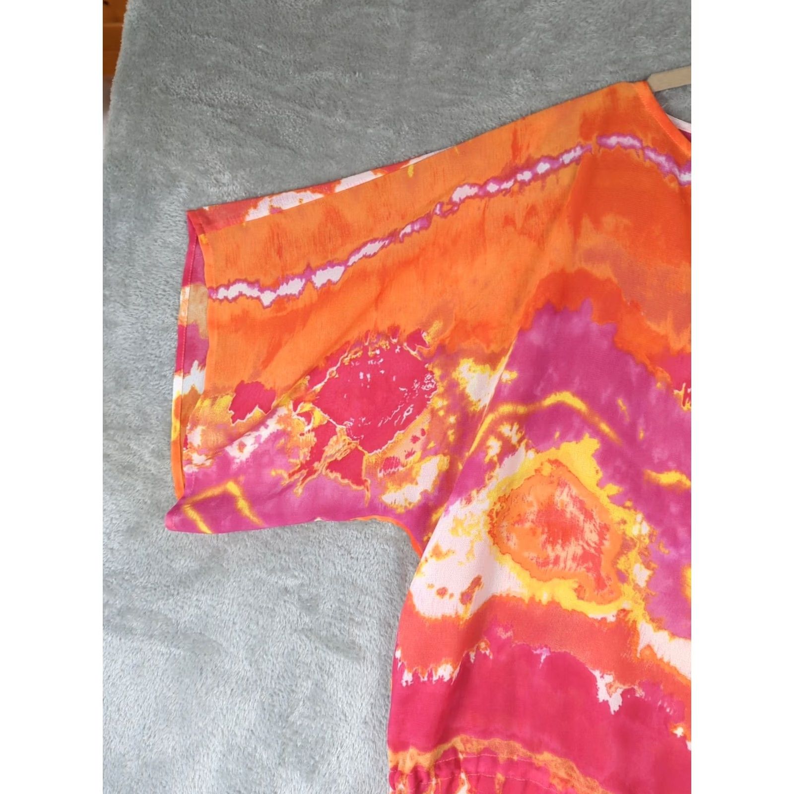 Chaps VINTAGE CHAPS Womens Blouse Shirt Tie-Dye Drawstring Waist Semi Sheer Orange Pink XL Size XL / US 12-14 / IT 48-50 - 3 Thumbnail
