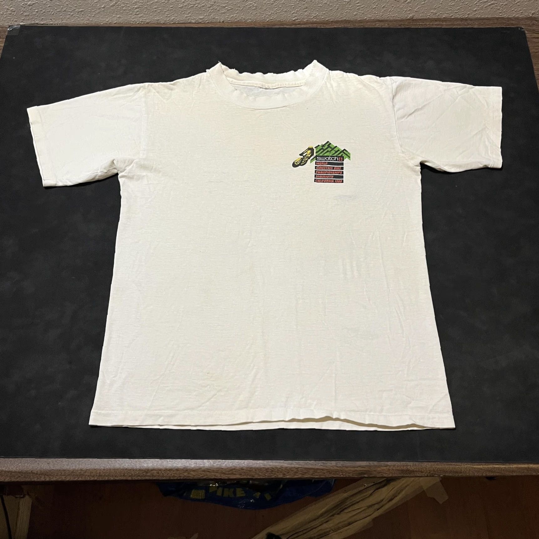 VINTAGE Swatch World Mountain Bike Championships T-Shirt Mens Medium White 80s Graphic Print Short Sleeve Crew Neck 1988