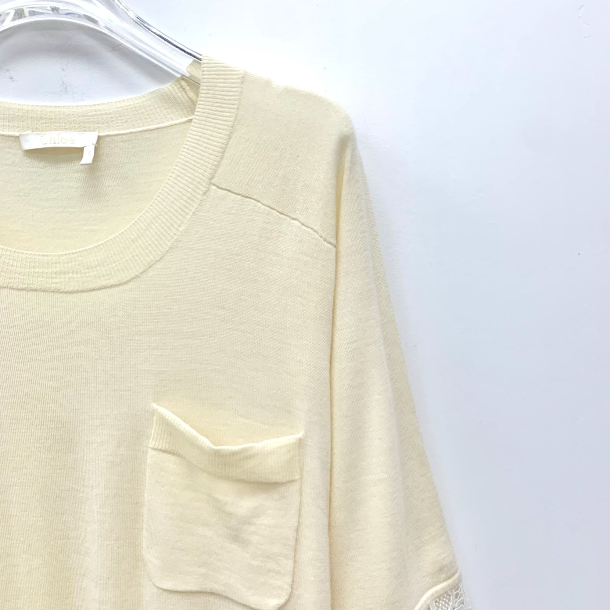 Chloe Chloé Beige Woolen Lace-Trim Round-Neck Short-Sleeve Knitted Size XS / US 0-2 / IT 36-38 - 6 Thumbnail