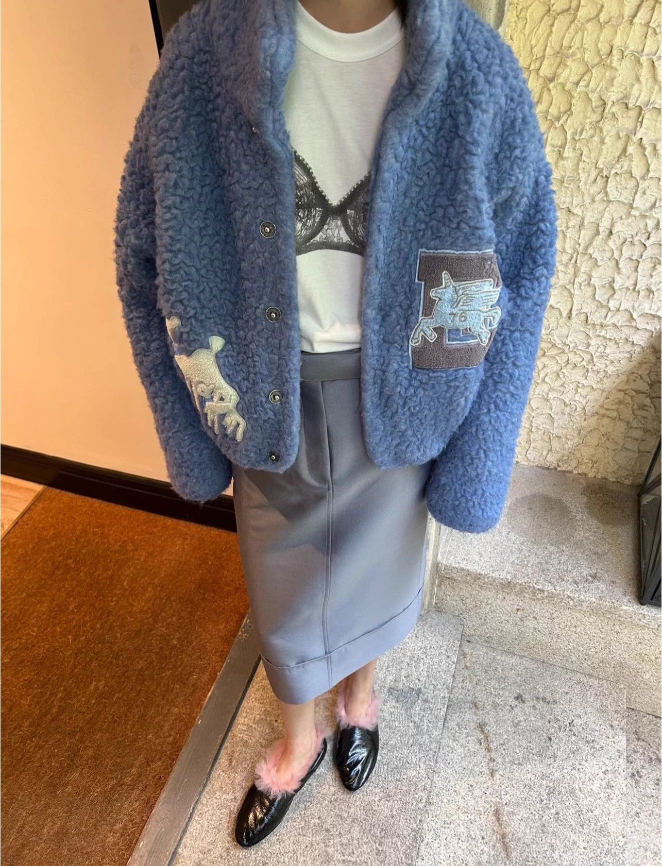 ERL ERL Blue Fleece & Lamb Wool Embroidered Varsity Jkt Size L / US 10 / IT 46 - 8 Thumbnail