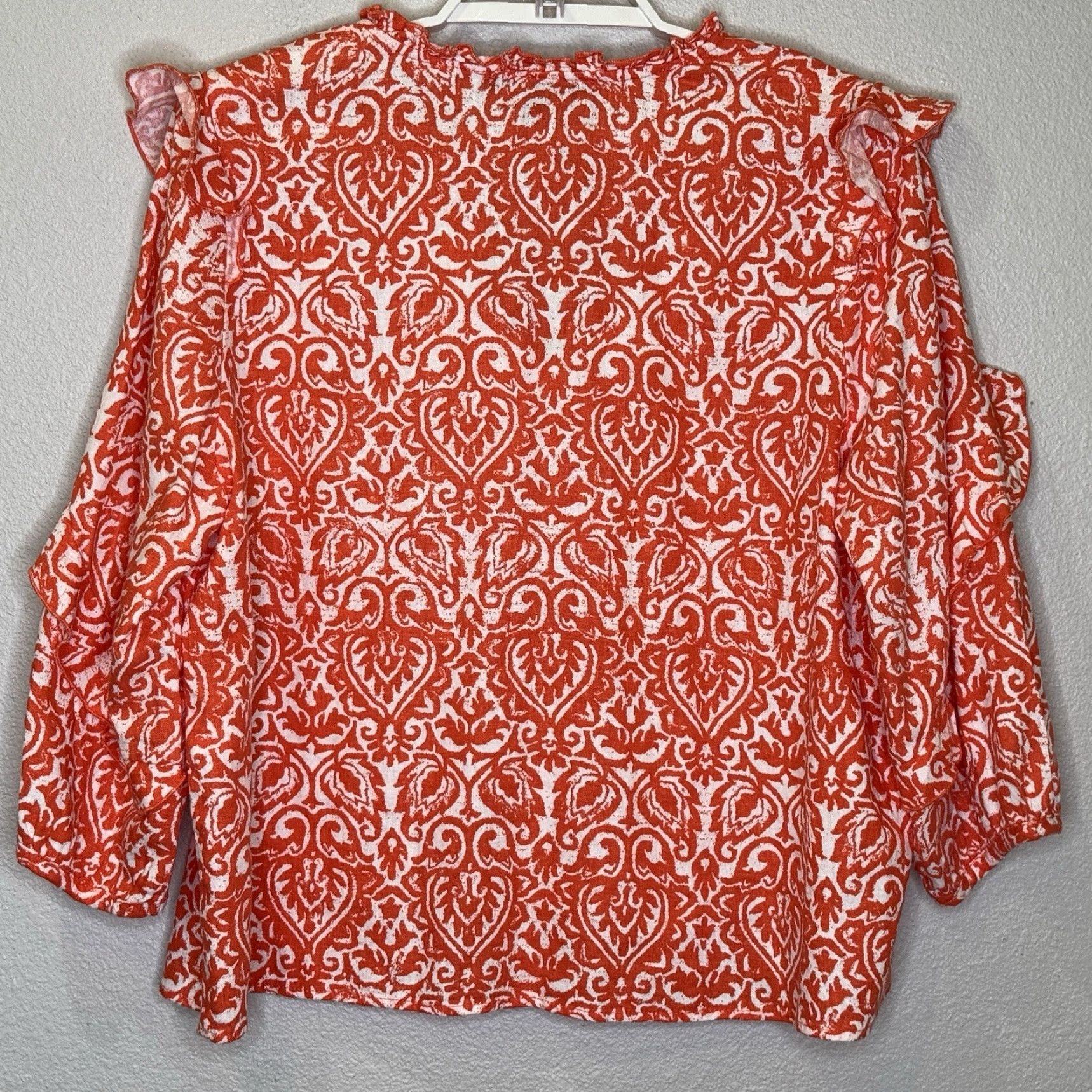 Vintage Marc New York Boho Top Womens Size L Orange Damask 3/4 Sleeve V-Tie Neck Linen Blouse Size L / US 10 / IT 46 - 6 Thumbnail
