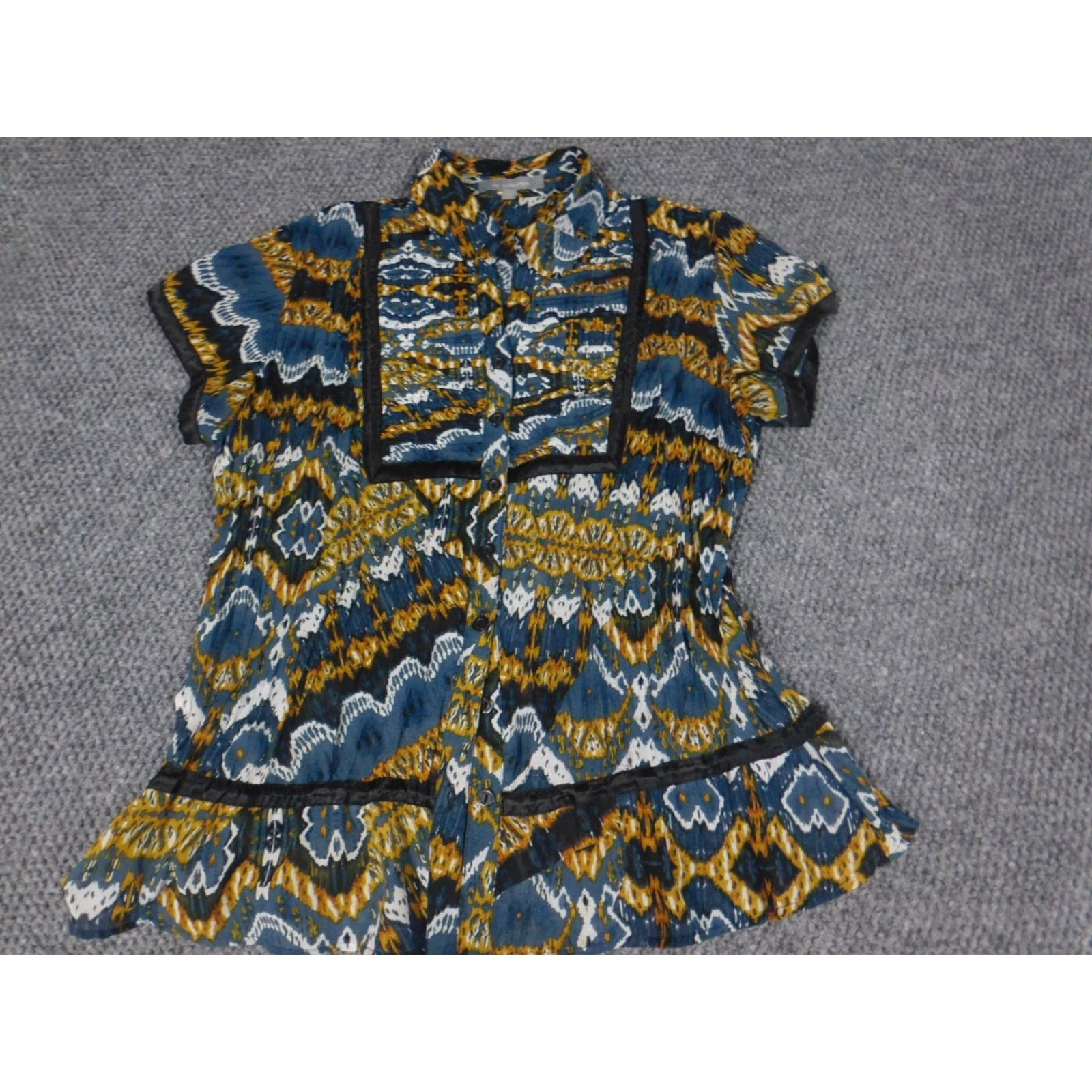 Vintage NY Collection Blouse Womens Large Blue Shirt Short Sleeve Collared Pullover Regular Cotton Rayon Stretch Casual Basic Size L / US 10 / IT 46 - 3 Thumbnail