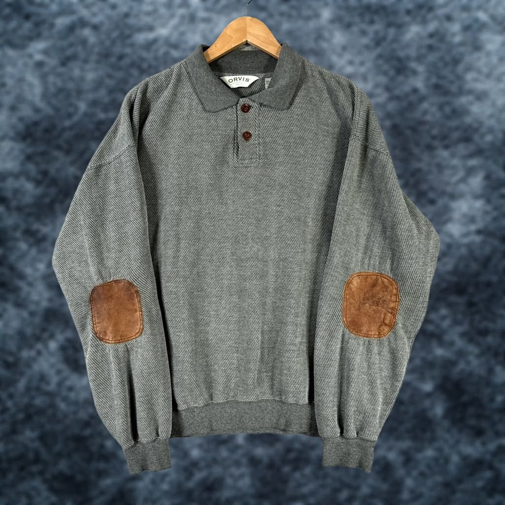 Orvis VINTAGE Orvis Sweater Men Large Gray Polo Collar Leather Elbow Patches Pullover Size US L / EU 52-54 / 3 - 1 Thumbnail