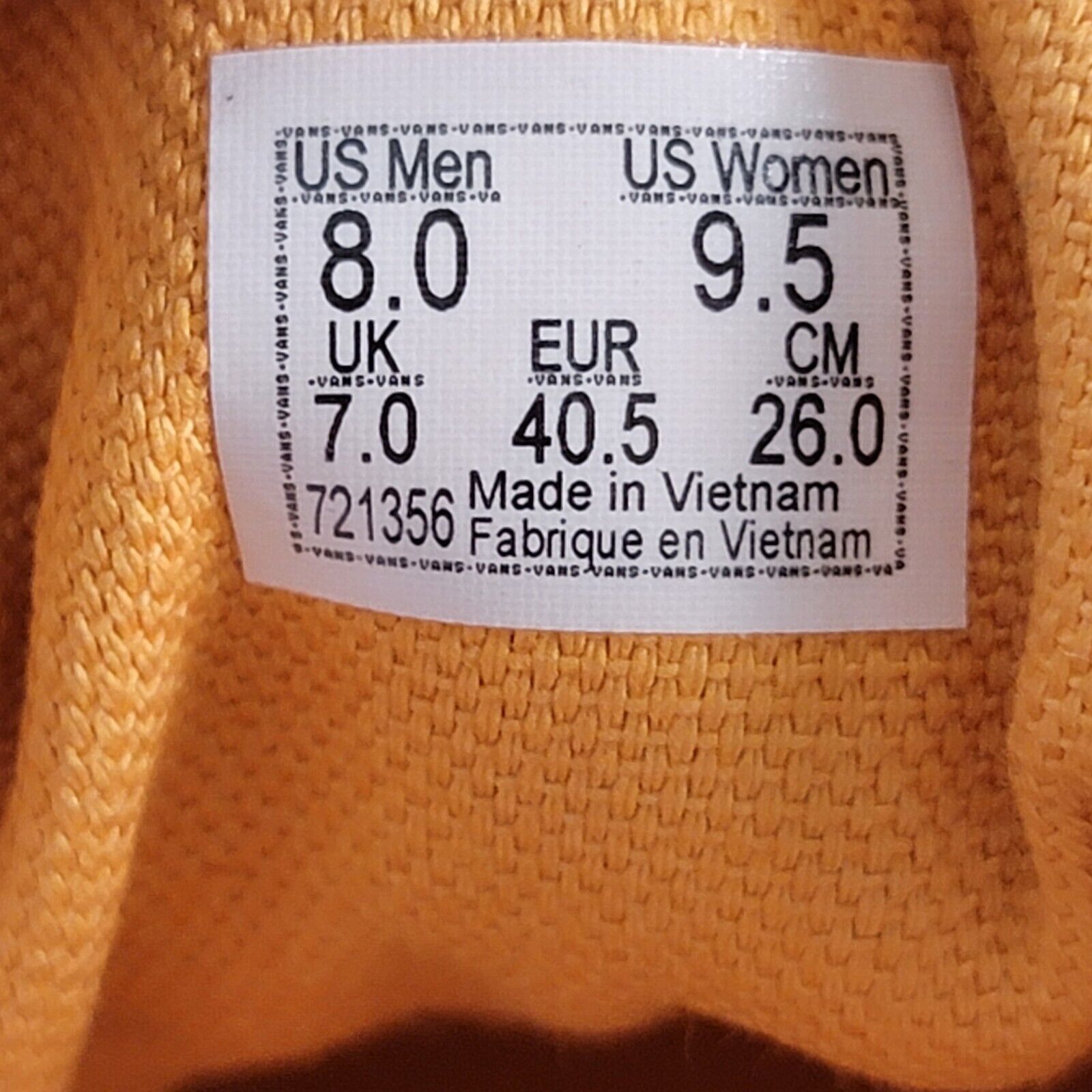 Vans Vans Unisex Era Sneakers Gold Nugget/Saffron Size:M8/W9.5 Size US 8 / EU 41 - 7 Thumbnail