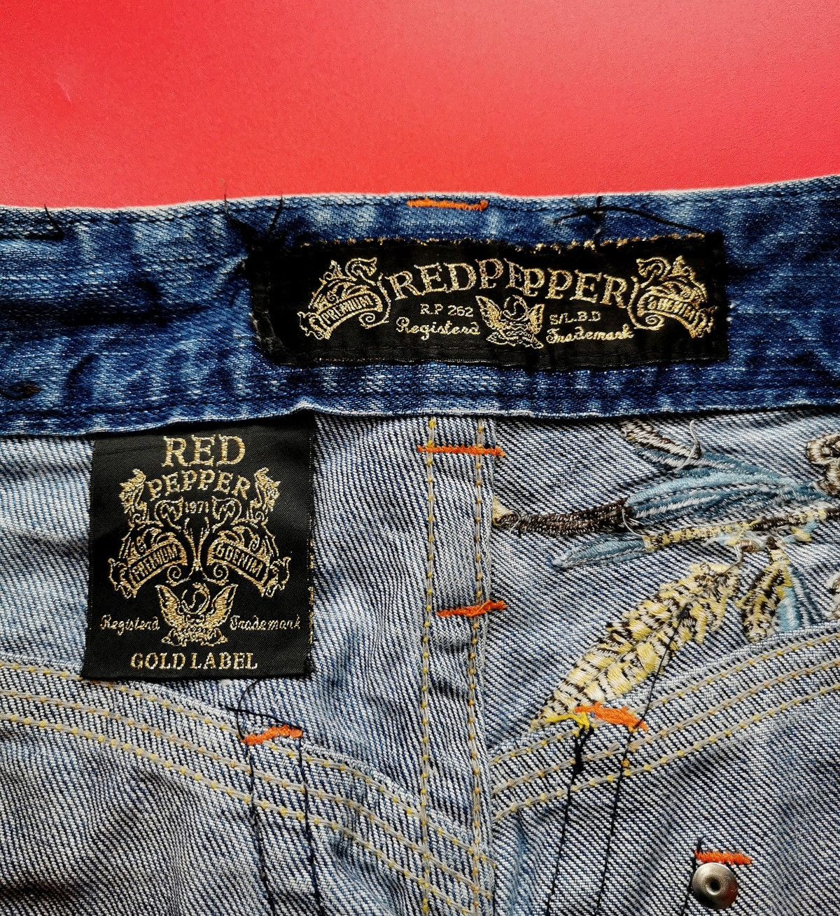 If Six Was Nine Red Pepper Red Indian Embroidery Denim Jeans Size US 32 / EU 48 - 13 Thumbnail
