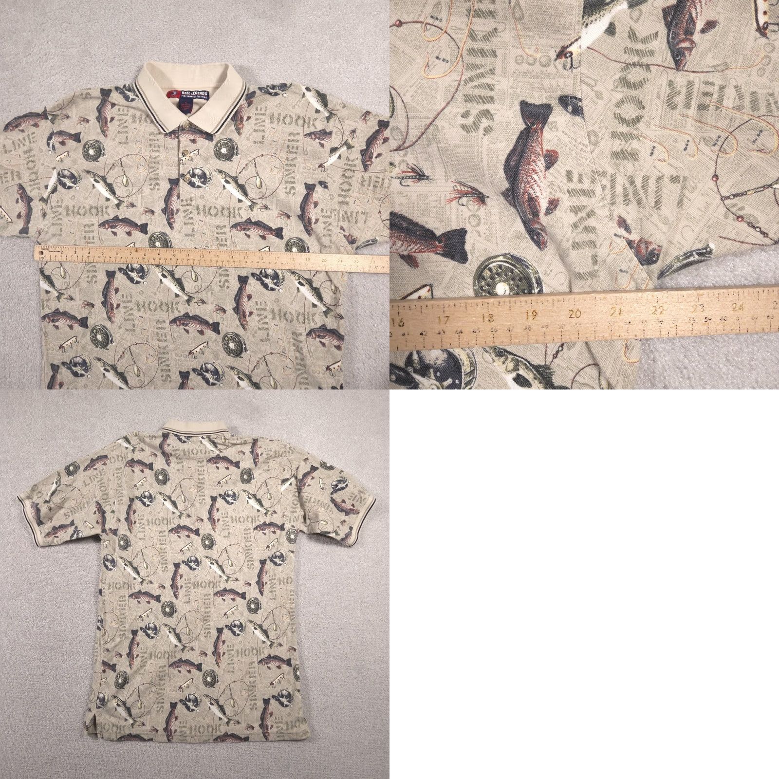 Vintage Reel Legends Polo Shirt Mens XL Beige Fishing Graphic Allover Print Cotton Size US XL / EU 56 / 4 - 8 Thumbnail