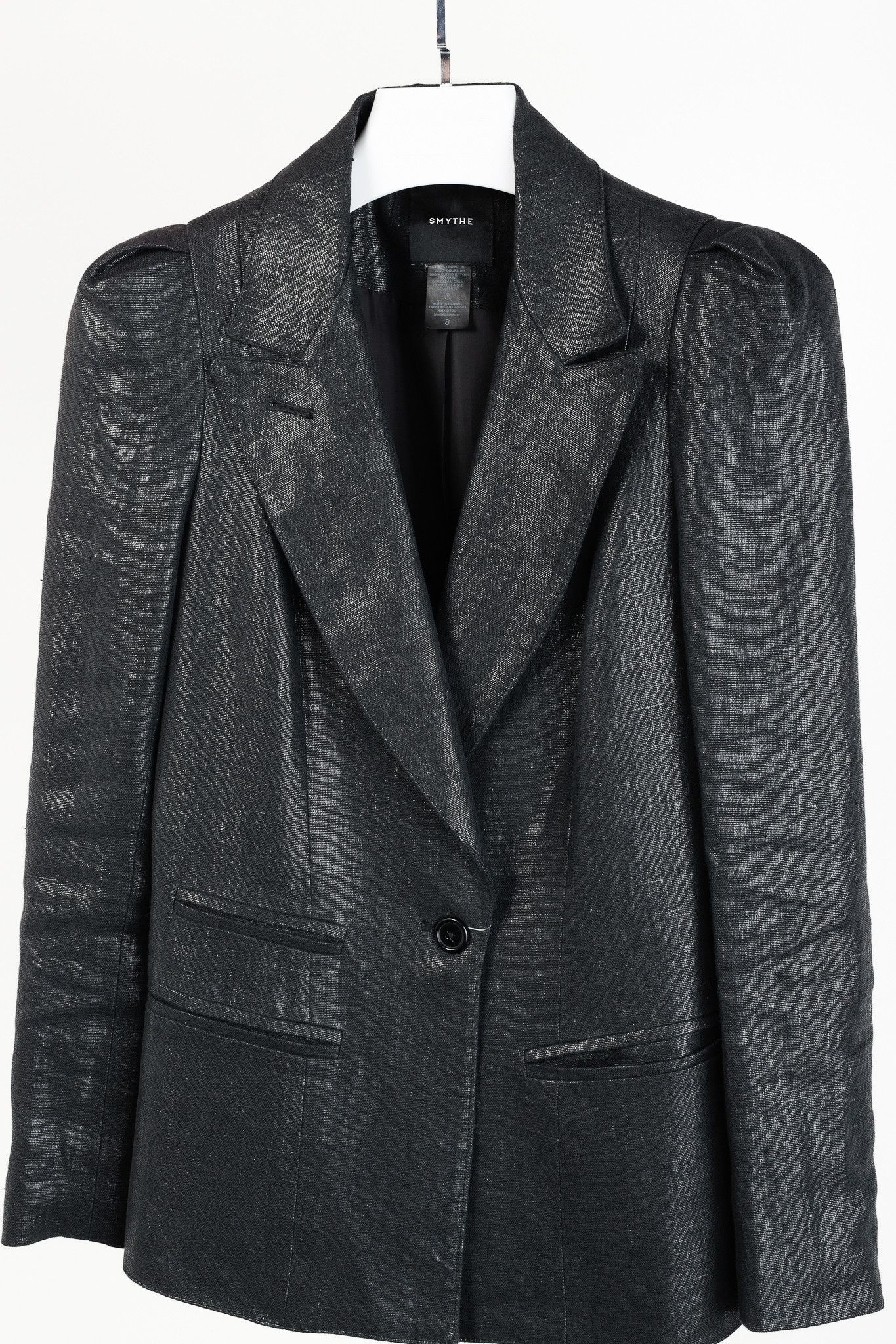 SMYTHE Smythe SS/18 Box Pleat Black Luster Linen Puff-Sleeve Blazer Size M / US 6-8 / IT 42-44 - 3 Thumbnail