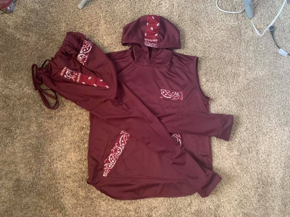 Other Men Custom Bergundy Bandanna Trim Tank Hoodie & Jogge Set. Size US XL / EU 56 / 4 - 1 Thumbnail