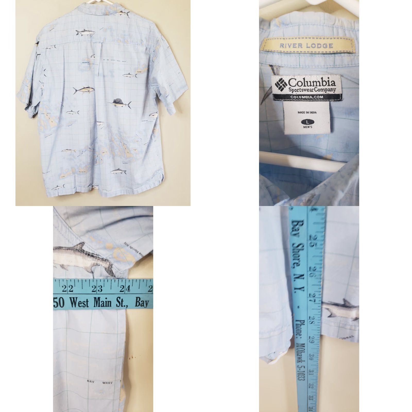 Vintage Columbia River Lodge Men's Blue Shirt Button Front Short Sleeve Sea Fish Key W Pattern: Fishing Size US L / EU 52-54 / 3 - 8 Thumbnail