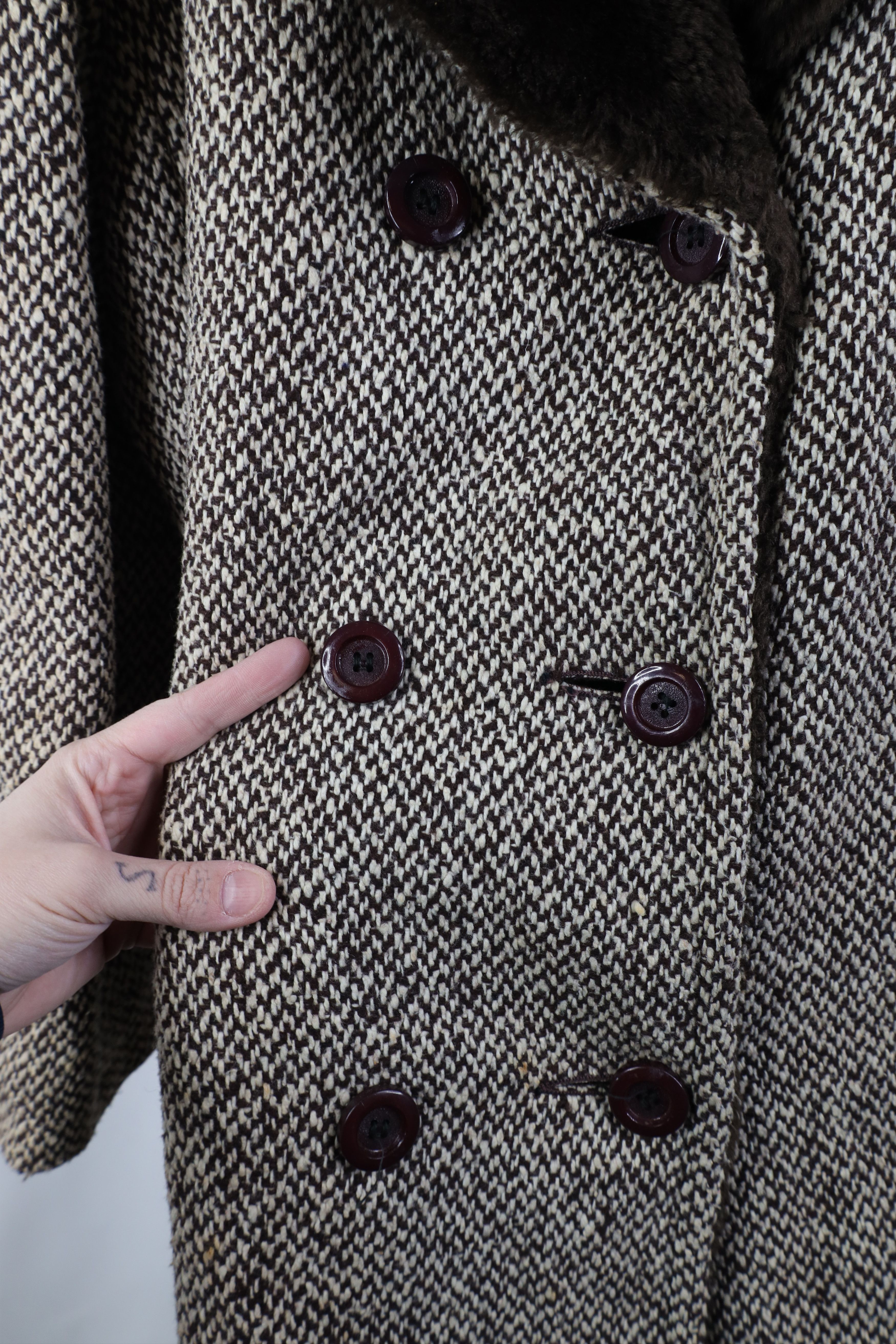 Vintage Vintage 60s 70s Fur Double Breasted Wool Tweed Coat Jacket Size L / US 10 / IT 46 - 5 Thumbnail
