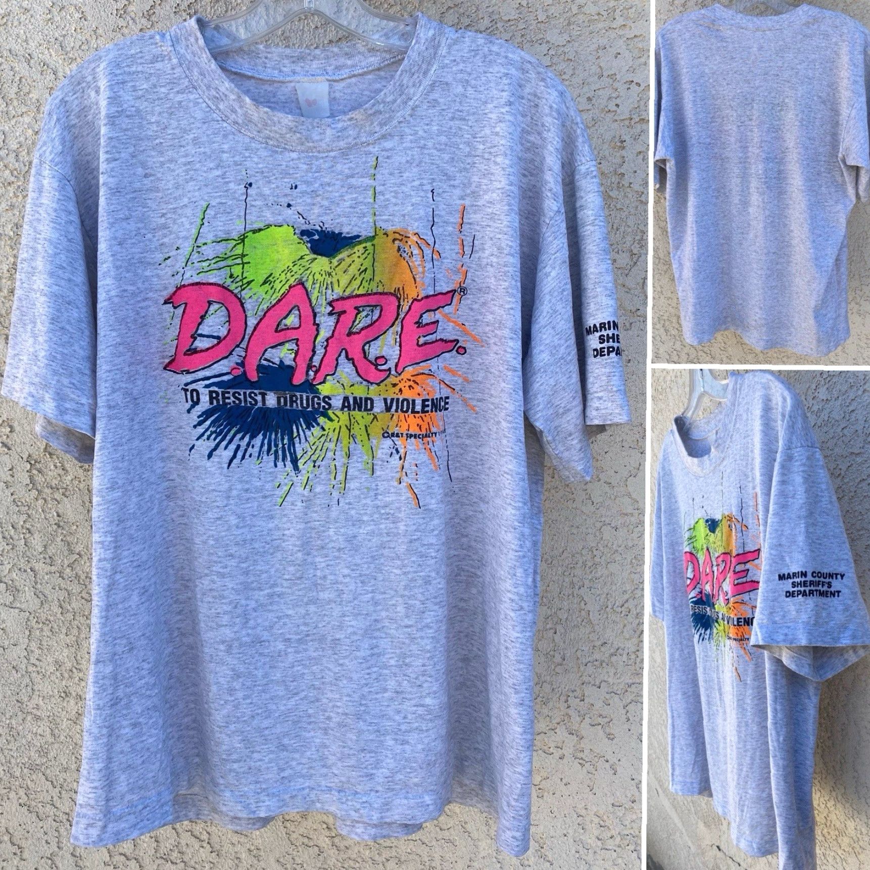 Fruit Of The Loom VINTAGE Fruit of the Loom T-Shirt DARE 1994 Gray Neon Marin County Sheriff XL Men Graphic Tee 1990s Size US XL / EU 56 / 4 - 7 Thumbnail