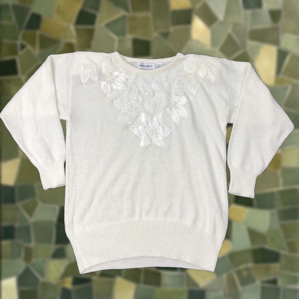 Vintage VINTAGE Cristina Sweater Womens Medium White Floral Sequin Shoulder Pads 80s Size M / US 6-8 / IT 42-44 - 1 Thumbnail