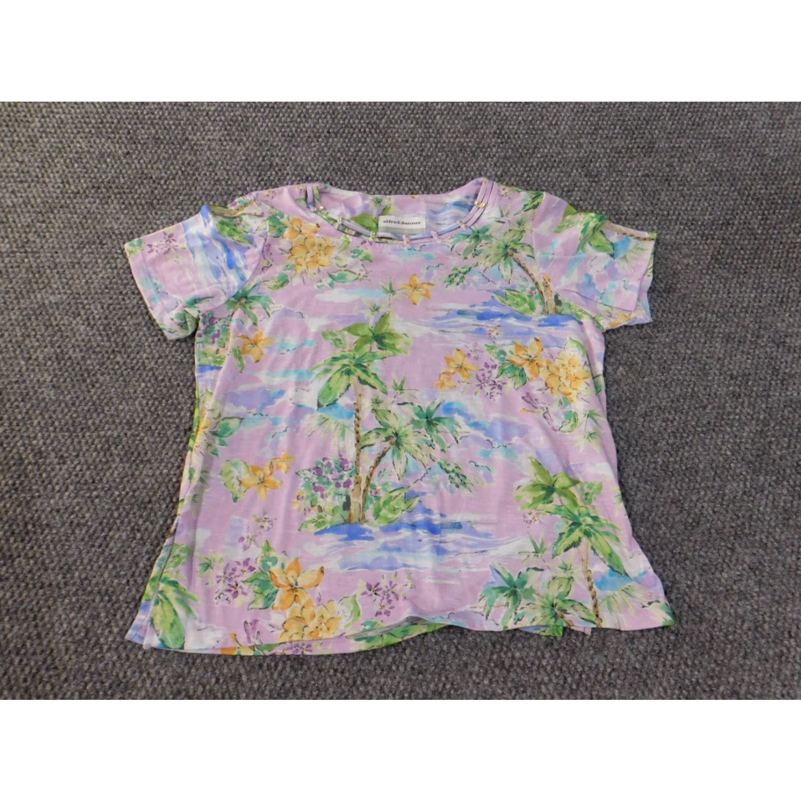 Vintage Alfred Dunner Blouse Shirt Petite PS Womens Purple Floral Round Neck Short Sleeve Pullover Stretch Polyester Spandex Lightweight Casual Size S / US 4 / IT 40 - 3 Thumbnail