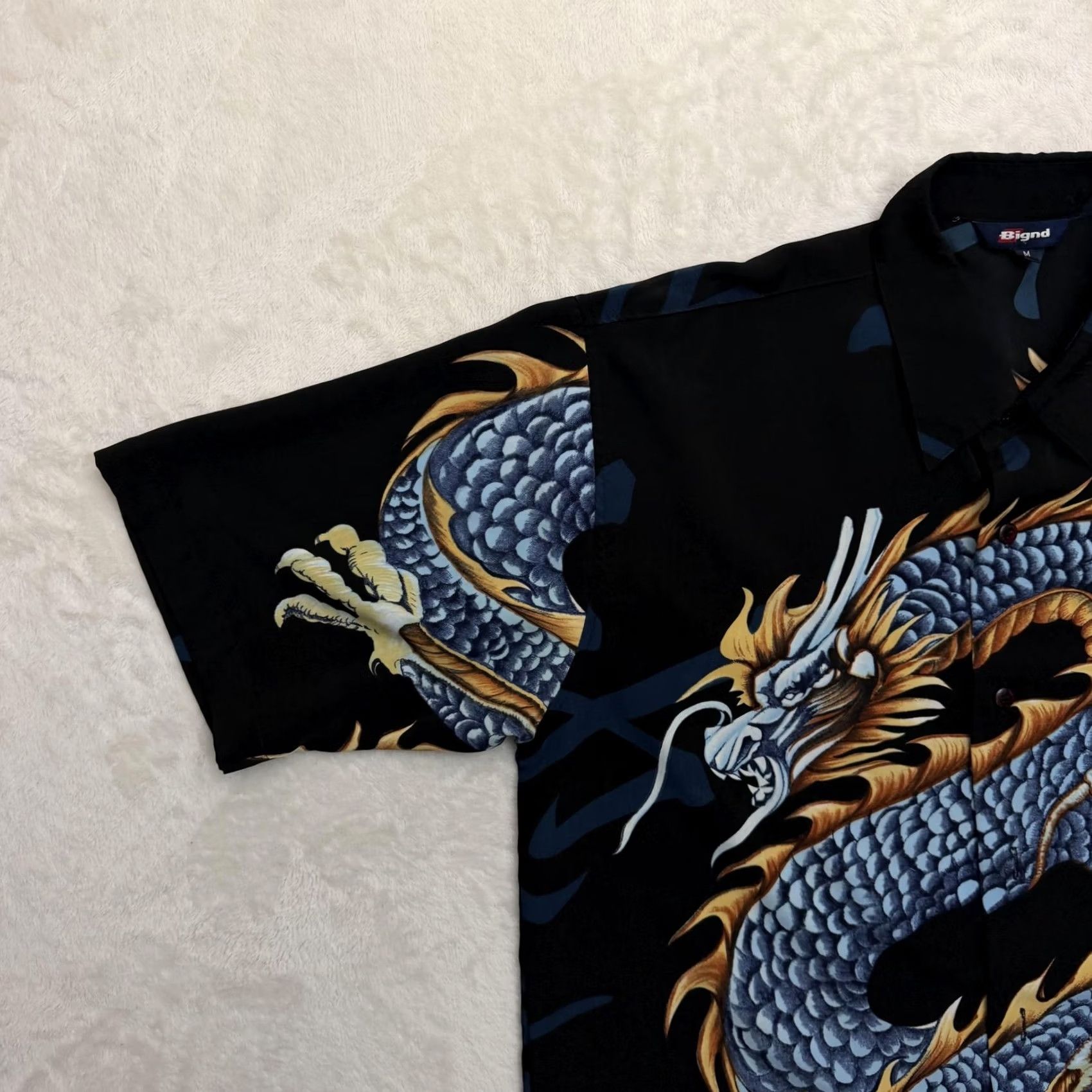 Vintage Bignd Shirt Mens Medium Black Dragon Graphic Rayon Button Up Tribal Flames Size US M / EU 48-50 / 2 - 6 Thumbnail