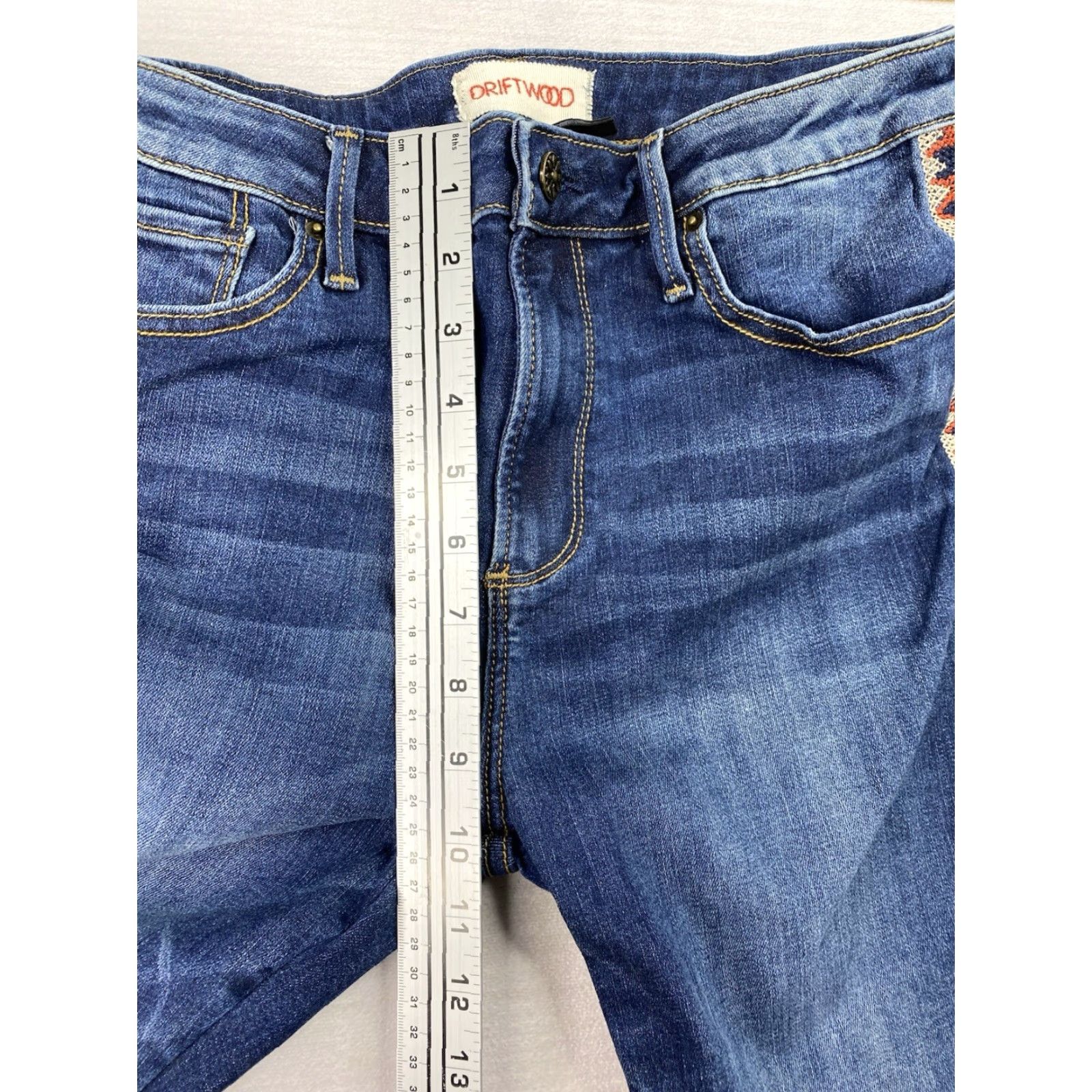 Vintage Driftwood Jackie High Rise Jeans Womens 29 Aztec Embroidered Skinny Stretch Denim Jeans Blue Geometric Bohemian 90s style Womens Size 29" - 3 Thumbnail