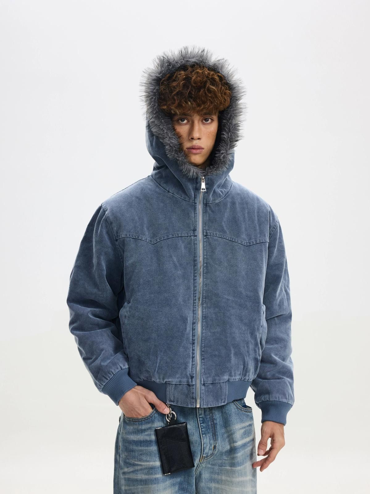 Vintage Blue Faux Fur Lined Bomber Jacket, Casual Menswear Outerwear Size US M / EU 48-50 / 2 - 2 Thumbnail