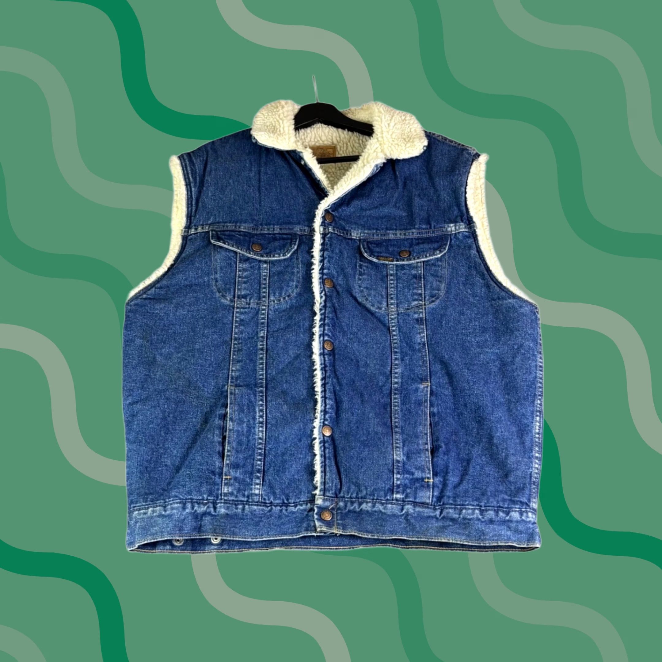 Denime VINTAGE Roebucks Denim Vest Mens XL Blue Lined Sherpa Western Trucker Made in USA Size US XL / EU 56 / 4 - 1 Thumbnail
