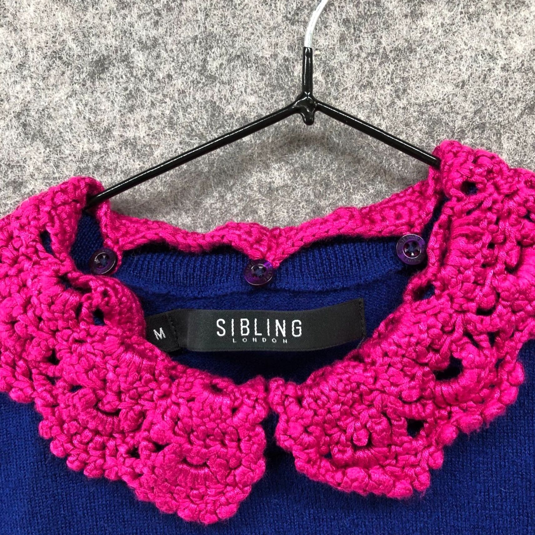 Sibling Sibling London Merino Wool Short Sleeve Sweater M Women Crochet Collar Blue Pink Size M / US 6-8 / IT 42-44 - 3 Thumbnail