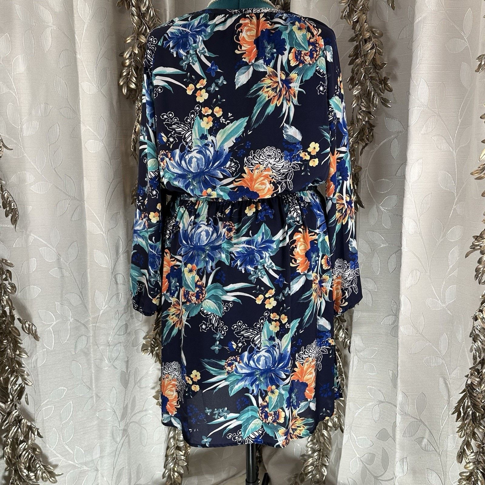 Other Ava & Viv 1X Navy Floral Dress Sheer Sleeves & Tie Neck Size XL / US 12-14 / IT 48-50 - 3 Thumbnail