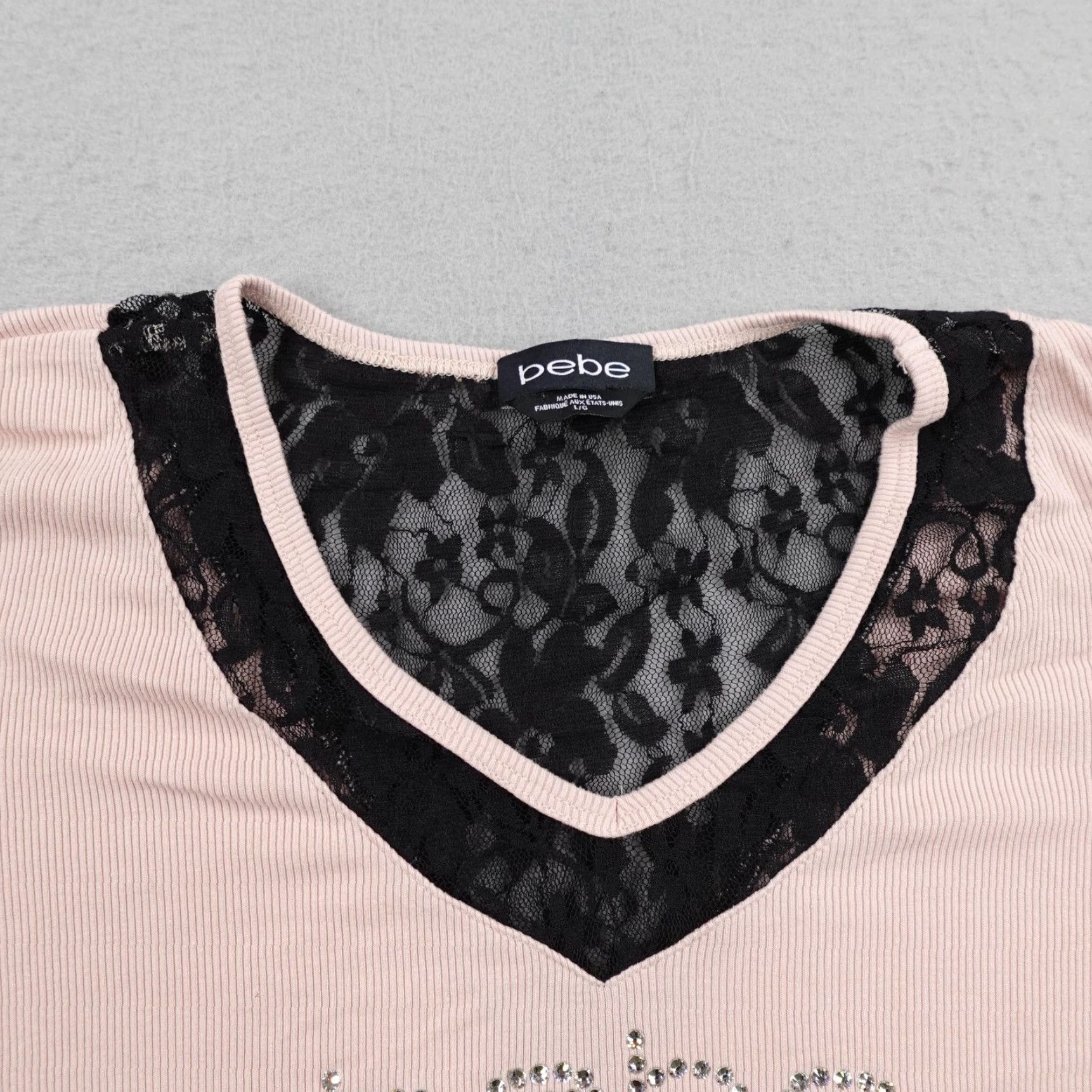 Bebe Bebe Shirt Adult Large Pink Black Lace Ribbed V Neck Rhinestone Top Y2K USA Size L / US 10 / IT 46 - 3 Thumbnail
