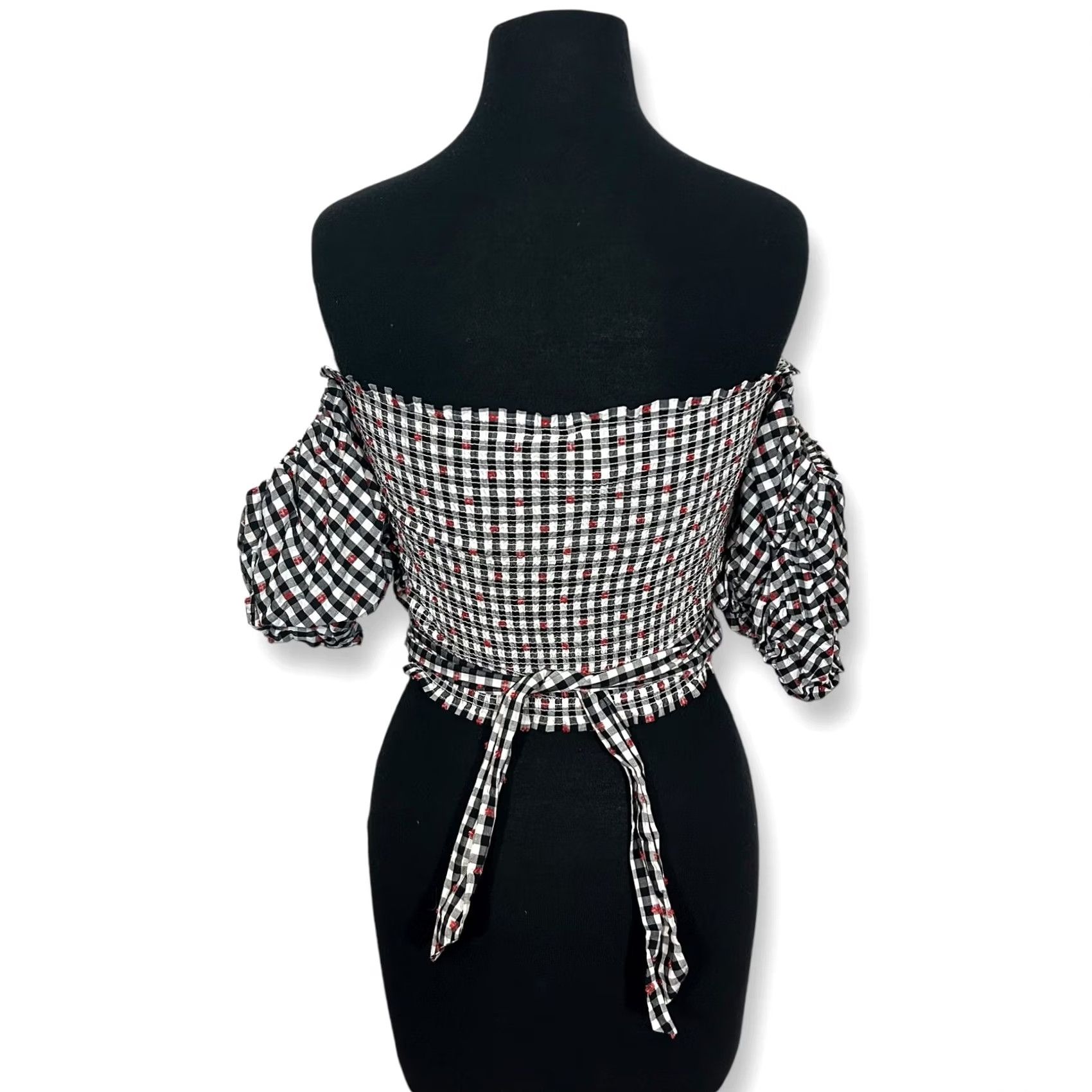 Vintage Dolan Gingham Off Shoulder Crop Top Tie Front Blouse Black Accent Size S Womens Blouse Cropped Short Puff Sleeve Checkered Top DPZ Size S / US 4 / IT 40 - 2 Thumbnail