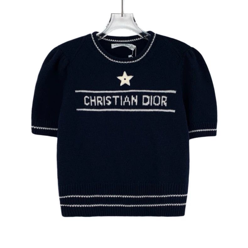 Dior Dior Dark blue logo letter inlaid wool round-neck short-sl Size S / US 4 / IT 40 - 1 Thumbnail