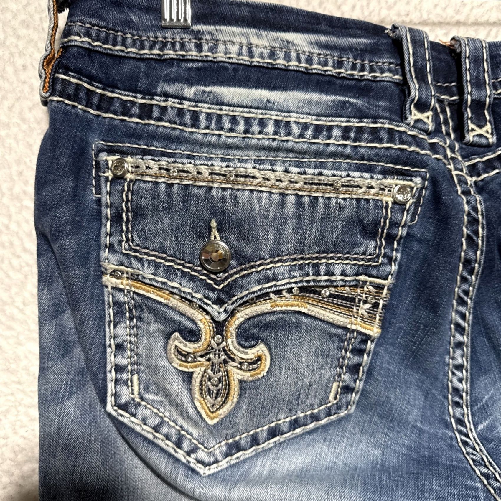 Vintage Rock Revival Yui Jeans Women Bootcut 5-Pocket Bling Stitches Mid Rise Blue 38x31 Size 24" / US 00 / IT 34 - 6 Thumbnail